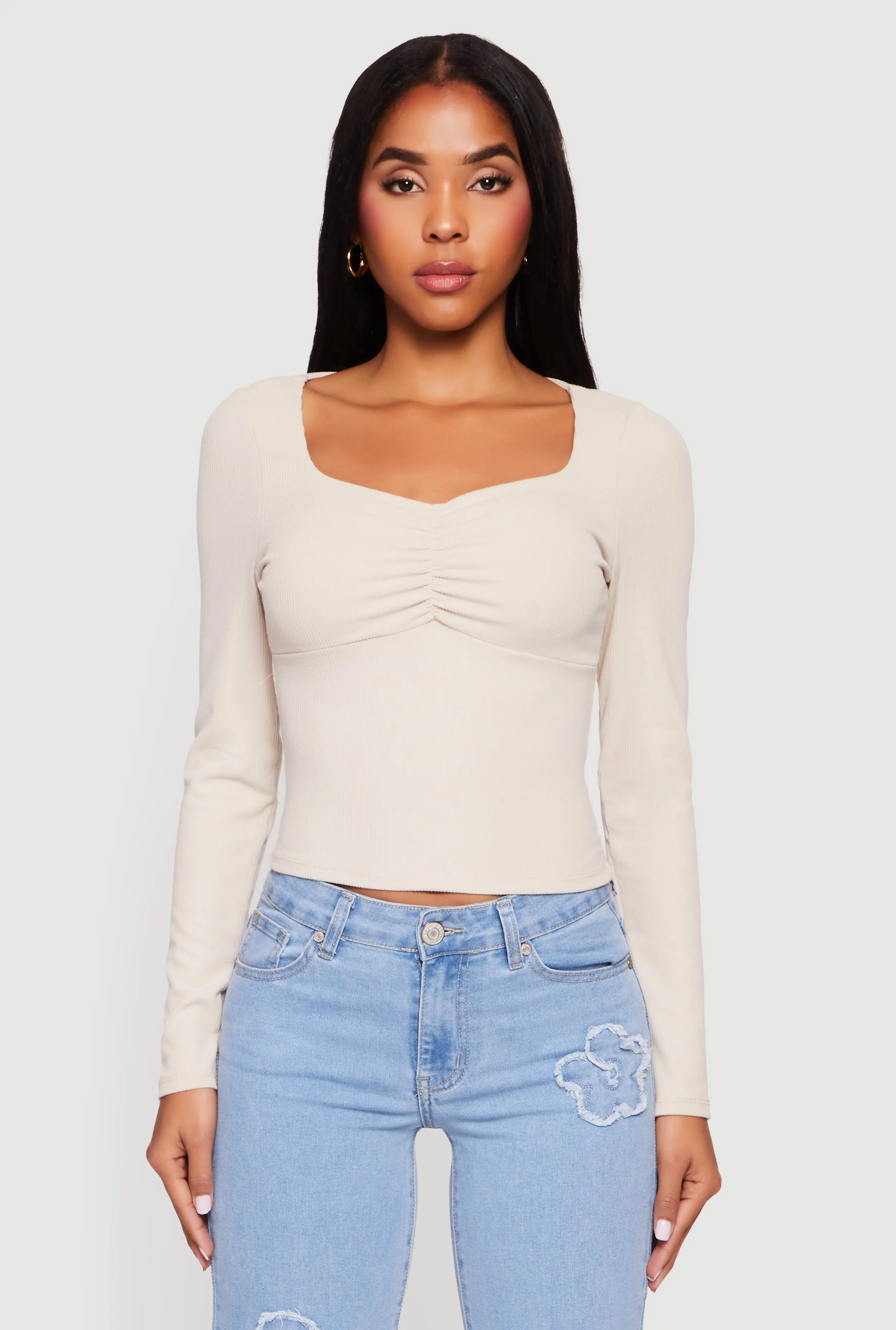 Ruched Front Long Sleeve Sweetheart Crop Top sold by Rainbow product image thumbnail 2
