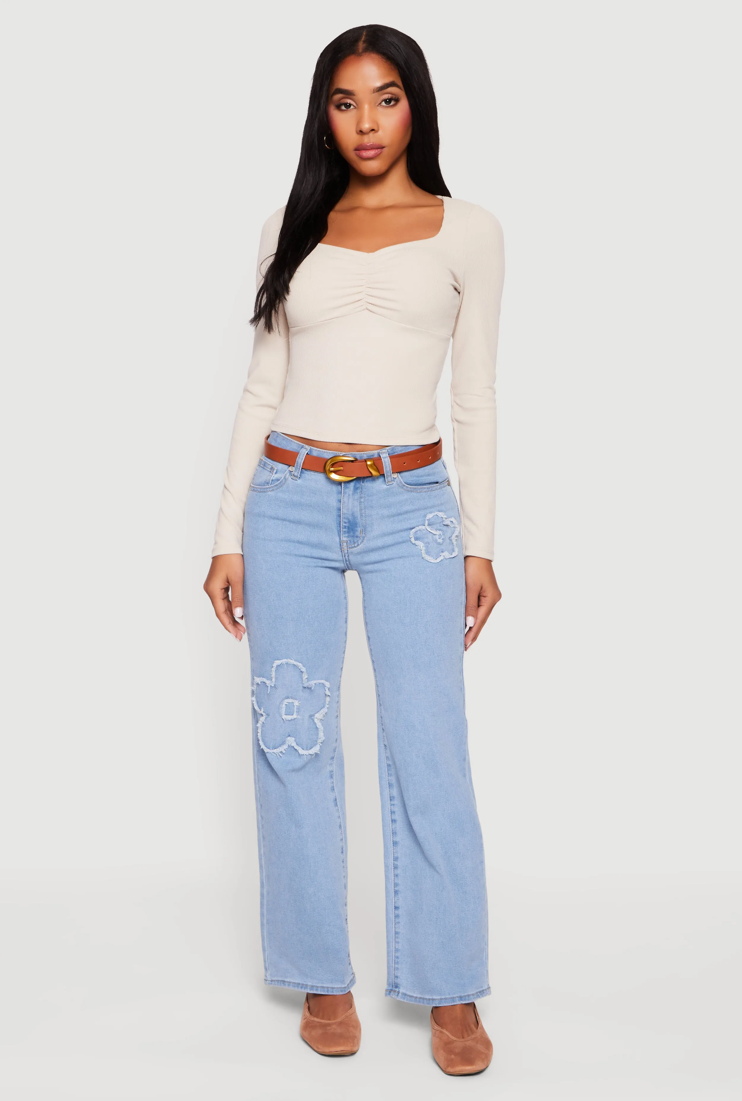 Ruched Front Long Sleeve Sweetheart Crop Top sold by Rainbow product image thumbnail 3