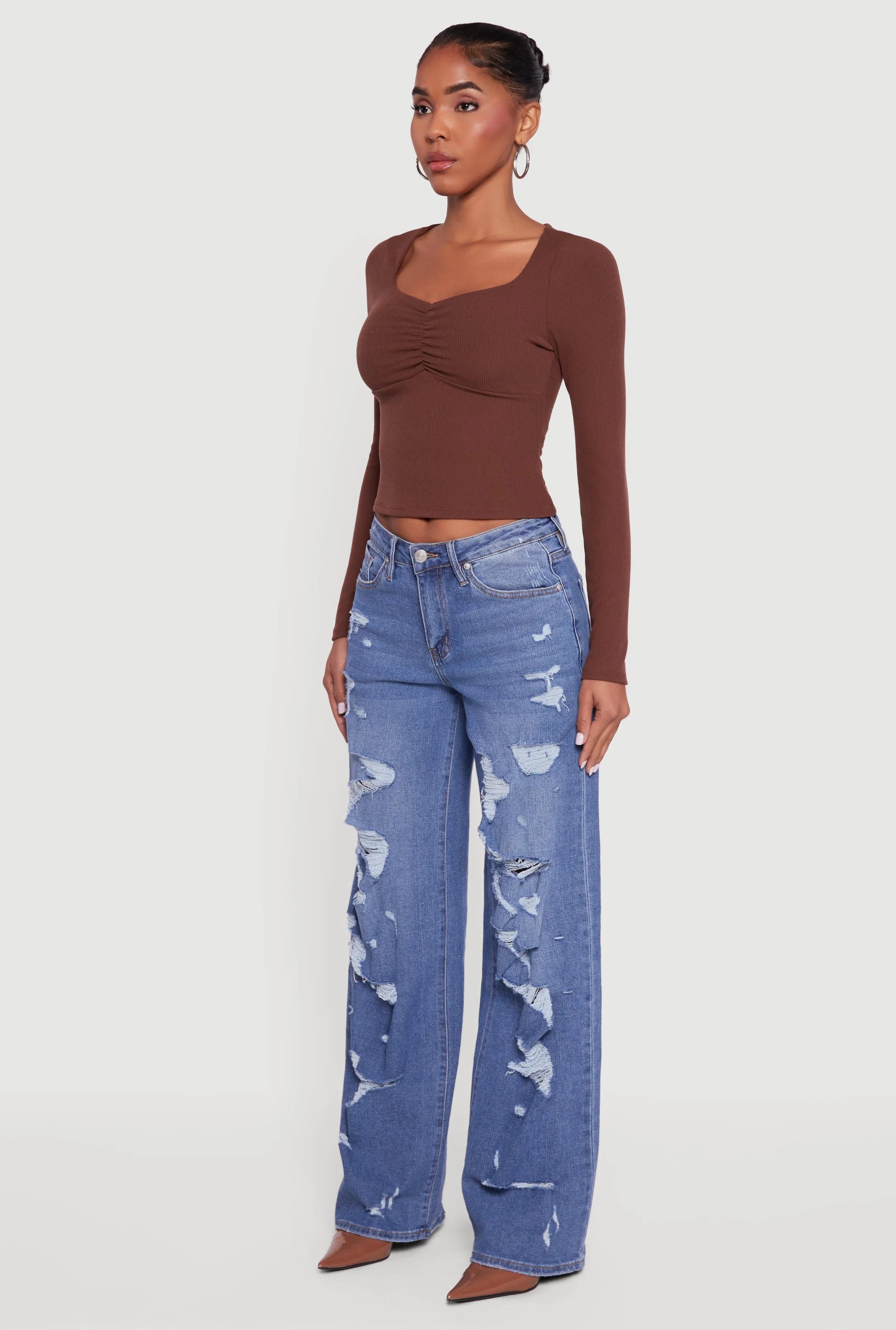 Ruched Front Long Sleeve Sweetheart Crop Top sold by Rainbow product image thumbnail 5