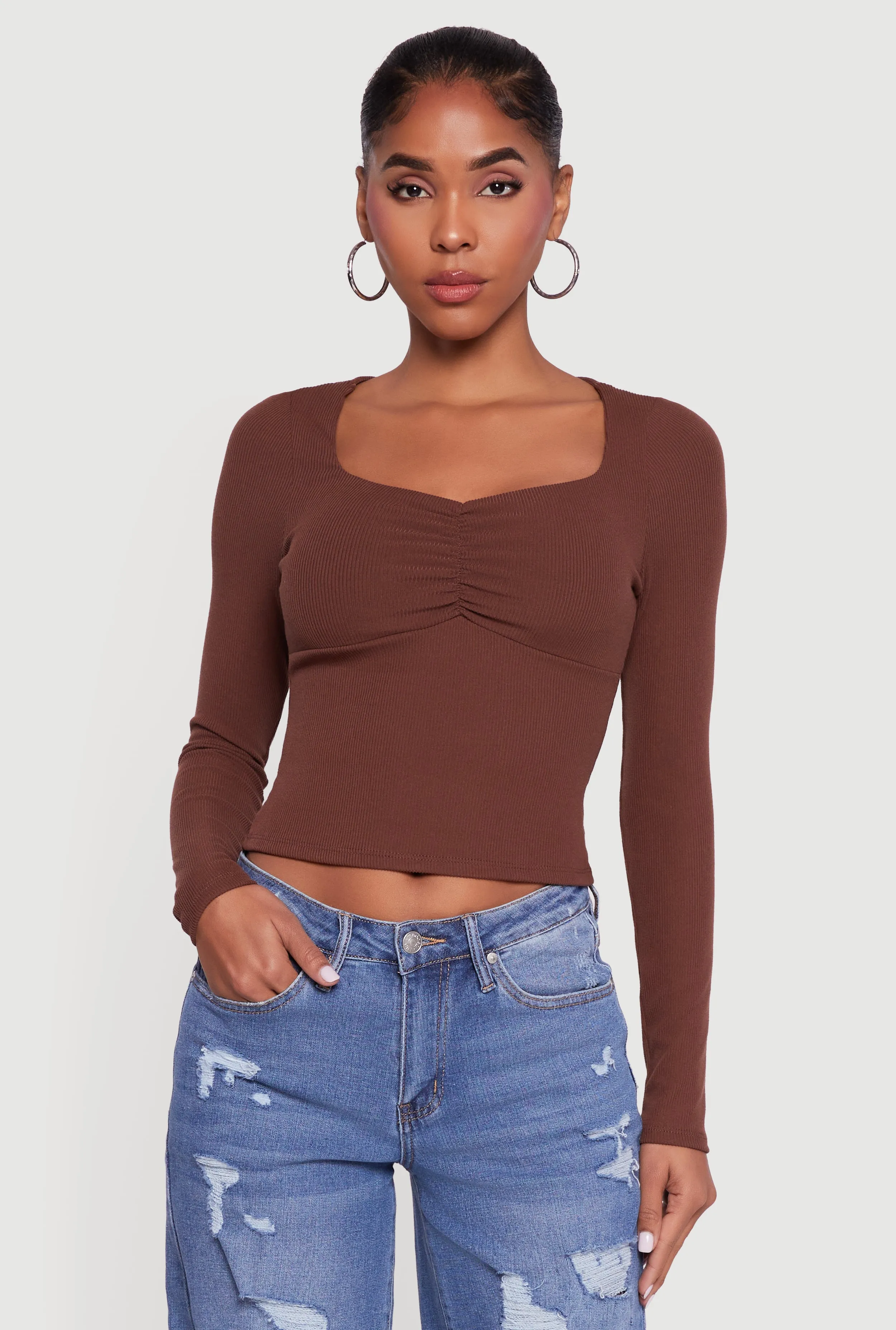 Ruched Front Long Sleeve Sweetheart Crop Top sold by Rainbow product image thumbnail 2