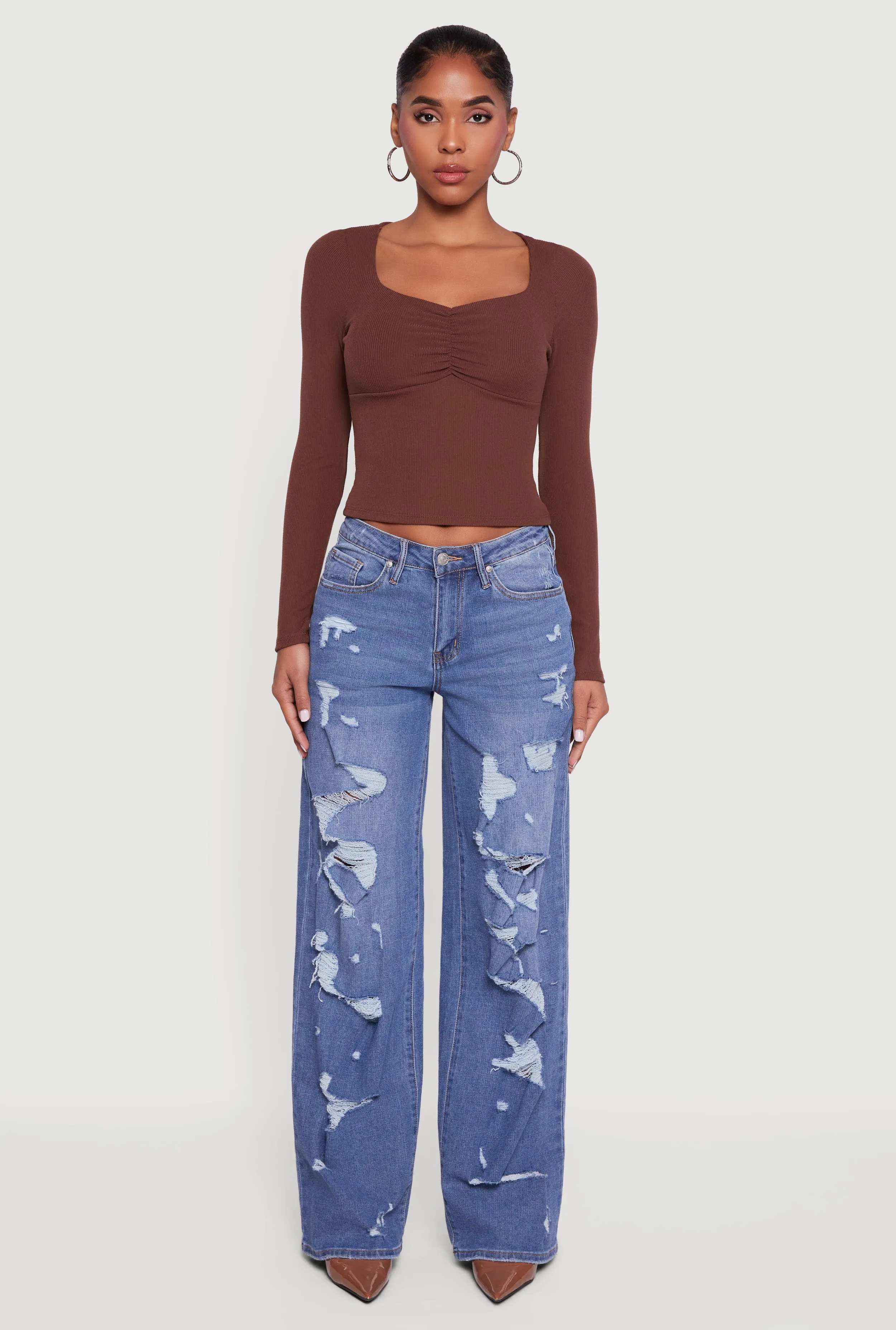 Ruched Front Long Sleeve Sweetheart Crop Top sold by Rainbow product image thumbnail 3