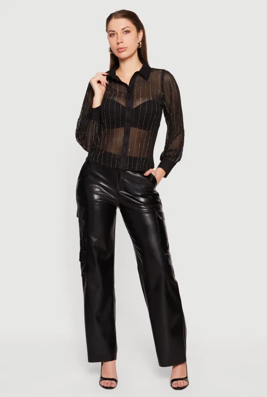 Rhinestone Embellished Shadow Stripe Button Front Shirt sold by Rainbow