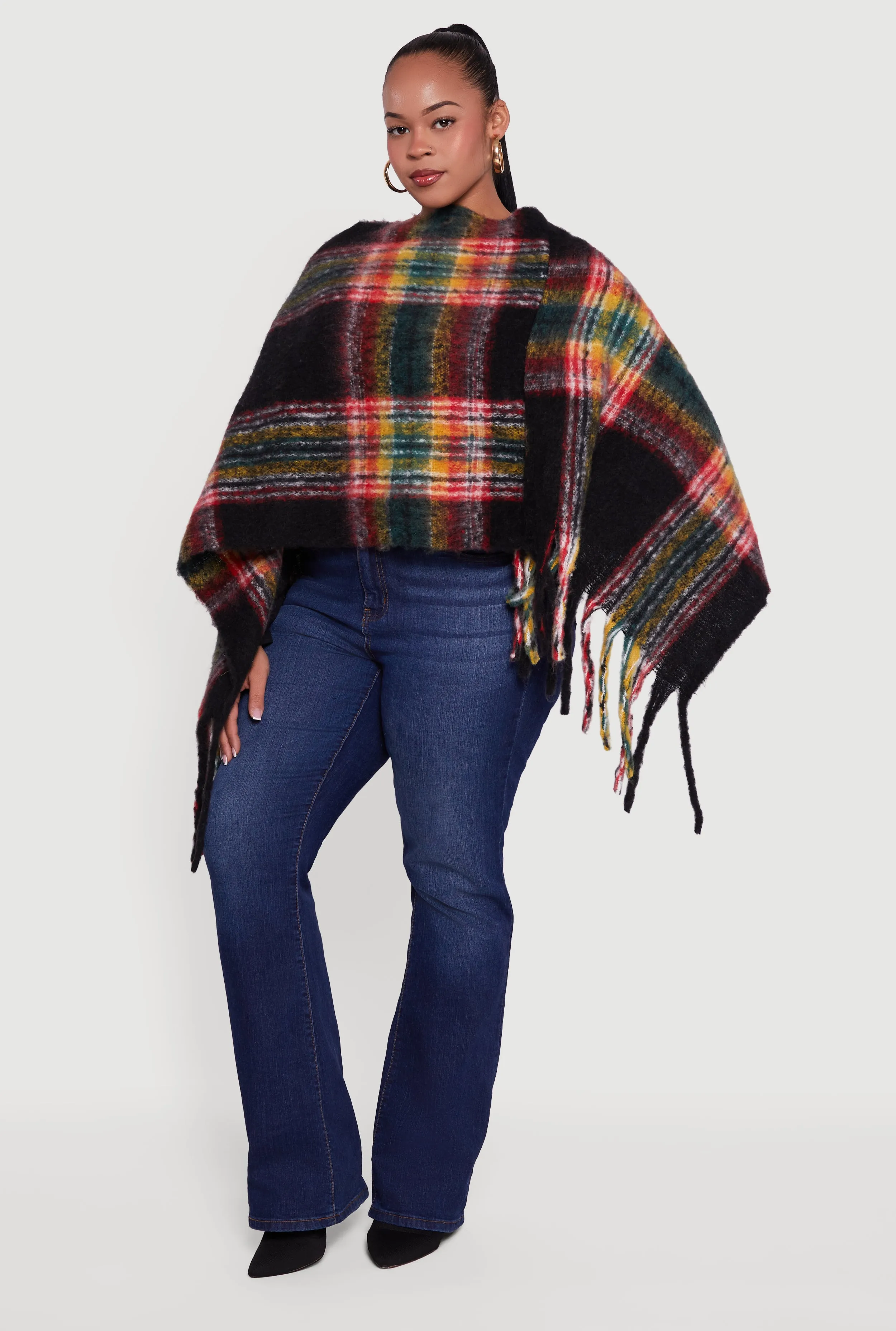 Plaid Boucle Fringe Poncho sold by Rainbow