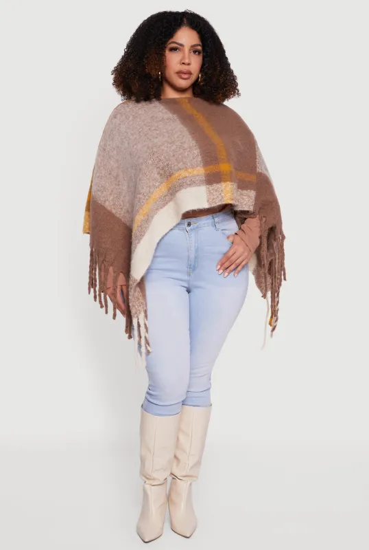 Marled Plaid Pattern Boucle Fringe Poncho sold by Rainbow