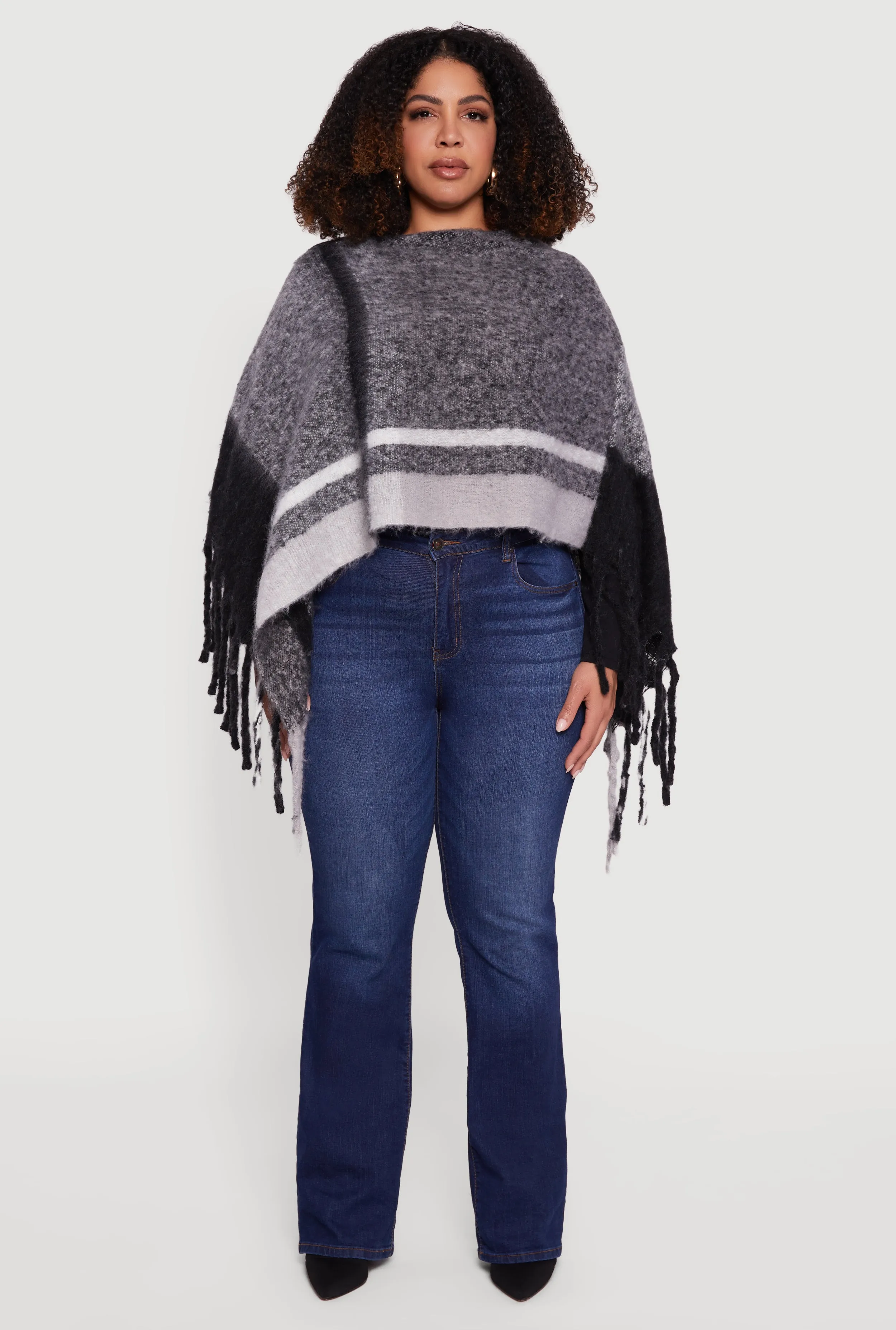 Marled Plaid Pattern Boucle Fringe Poncho sold by Rainbow product image thumbnail 3