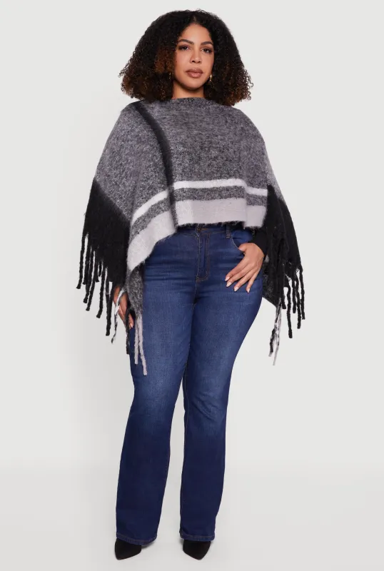 Marled Plaid Pattern Boucle Fringe Poncho sold by Rainbow
