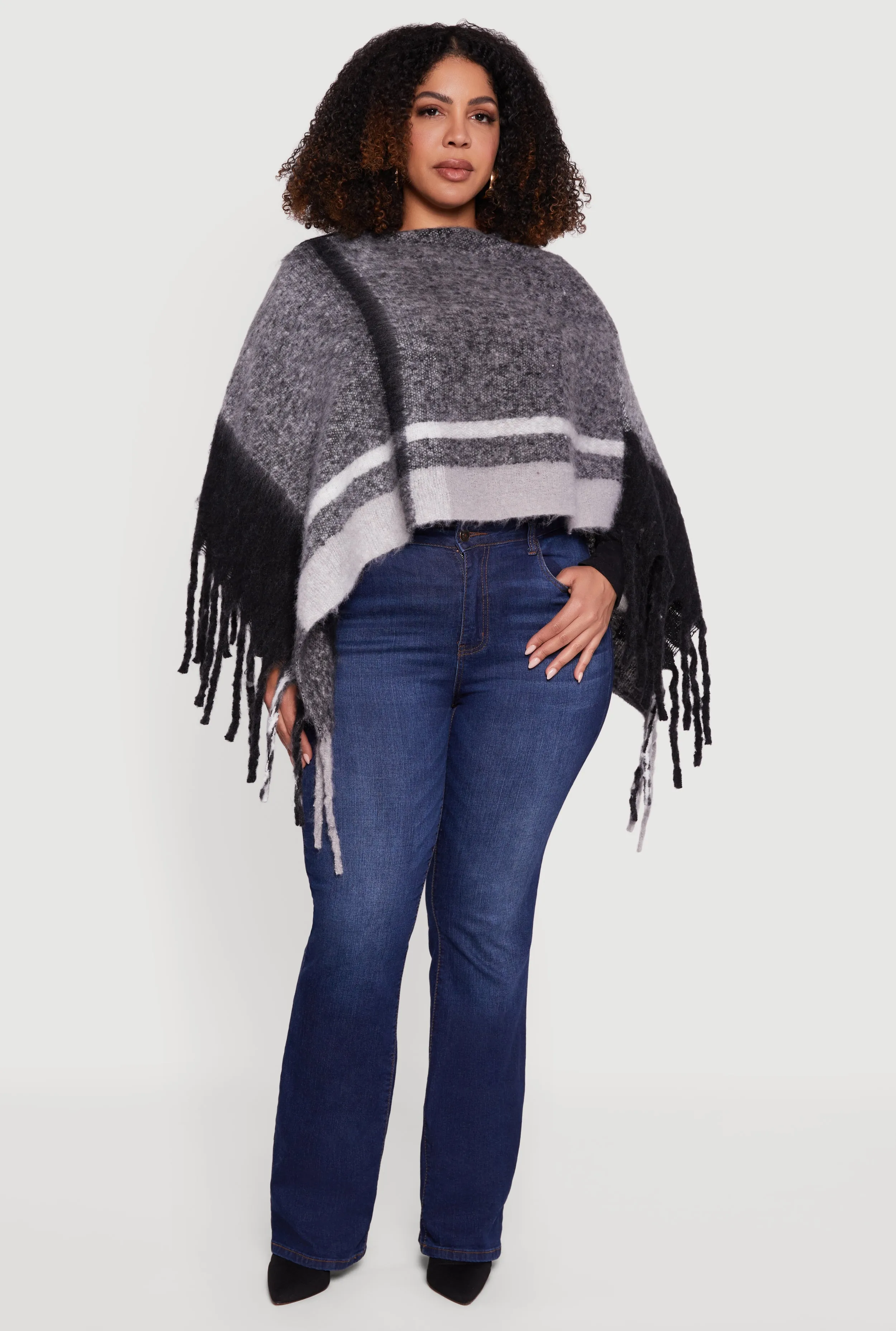Marled Plaid Pattern Boucle Fringe Poncho sold by Rainbow