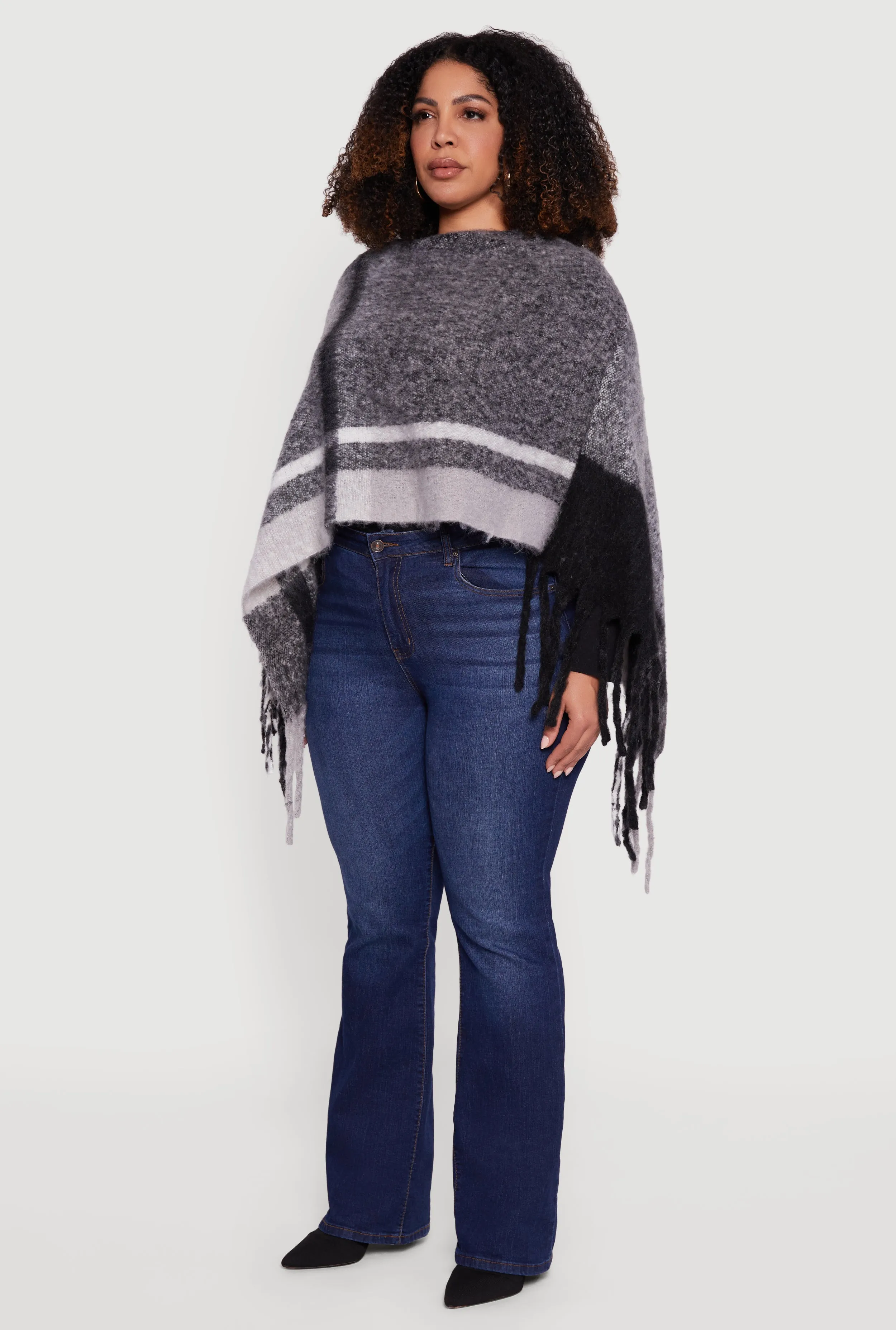 Marled Plaid Pattern Boucle Fringe Poncho sold by Rainbow product image thumbnail 5