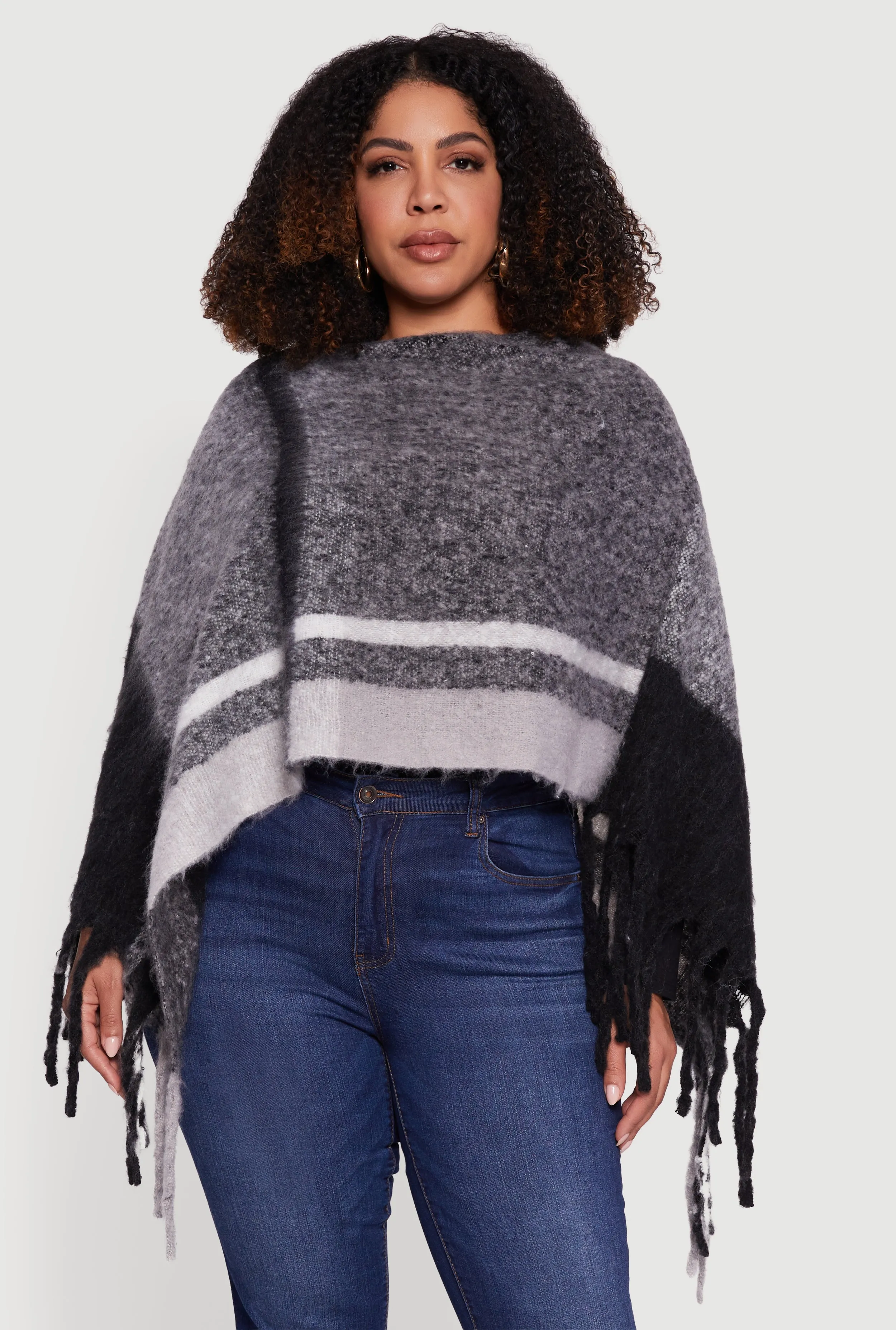 Marled Plaid Pattern Boucle Fringe Poncho sold by Rainbow product image thumbnail 2