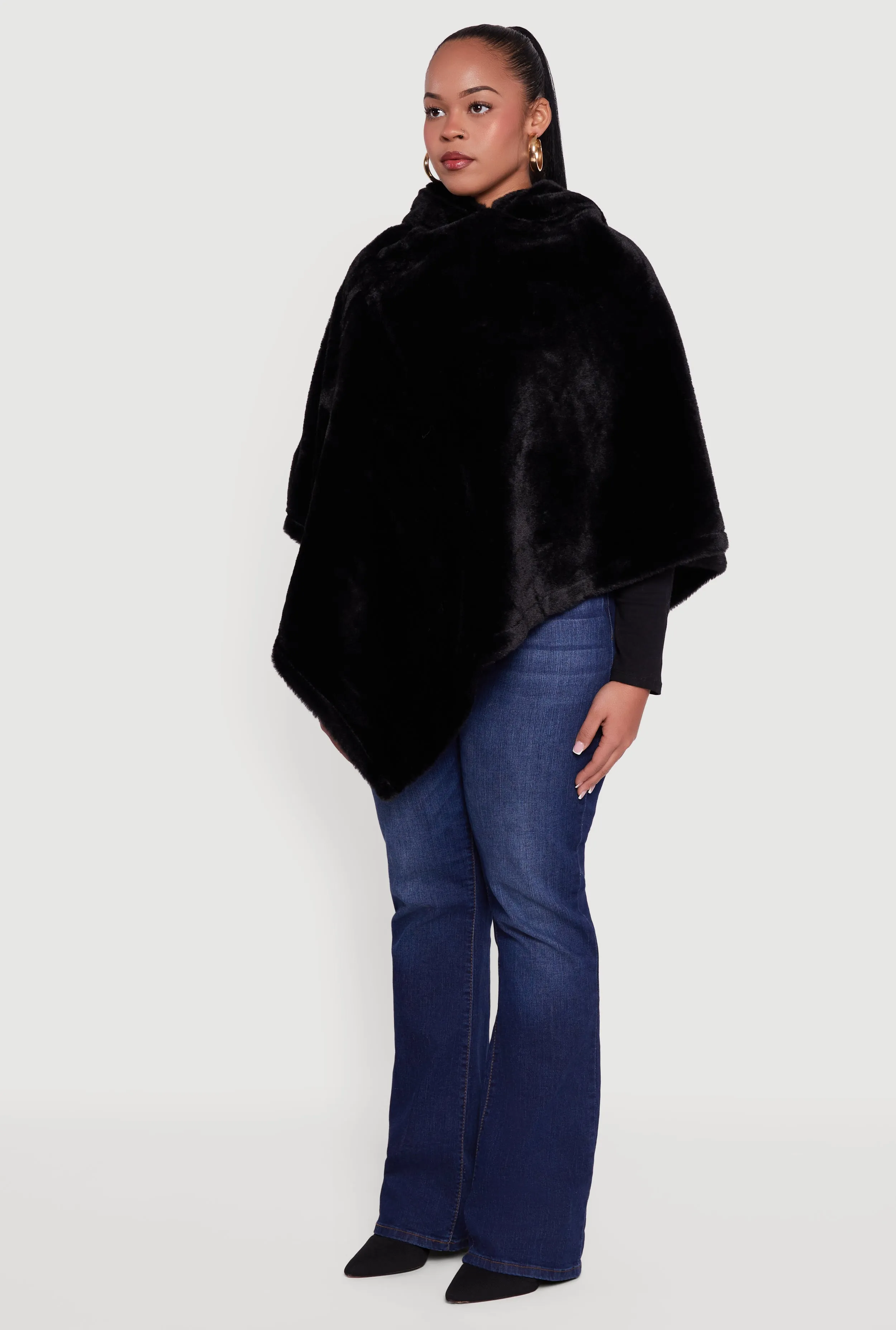 Solid Faux Fur Hooded Poncho sold by Rainbow product image thumbnail 5