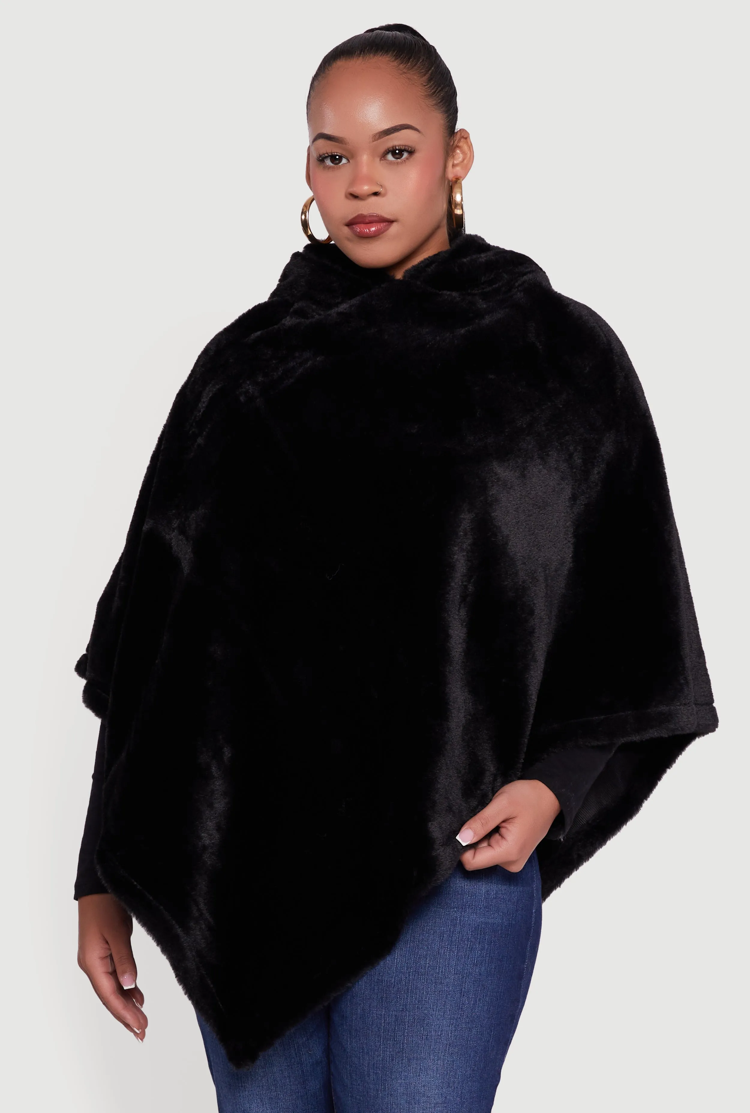 Solid Faux Fur Hooded Poncho sold by Rainbow product image thumbnail 2