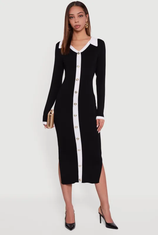 Contrast Trim Side Slit Long Sleeve Polo Sweater Dress sold by Rainbow