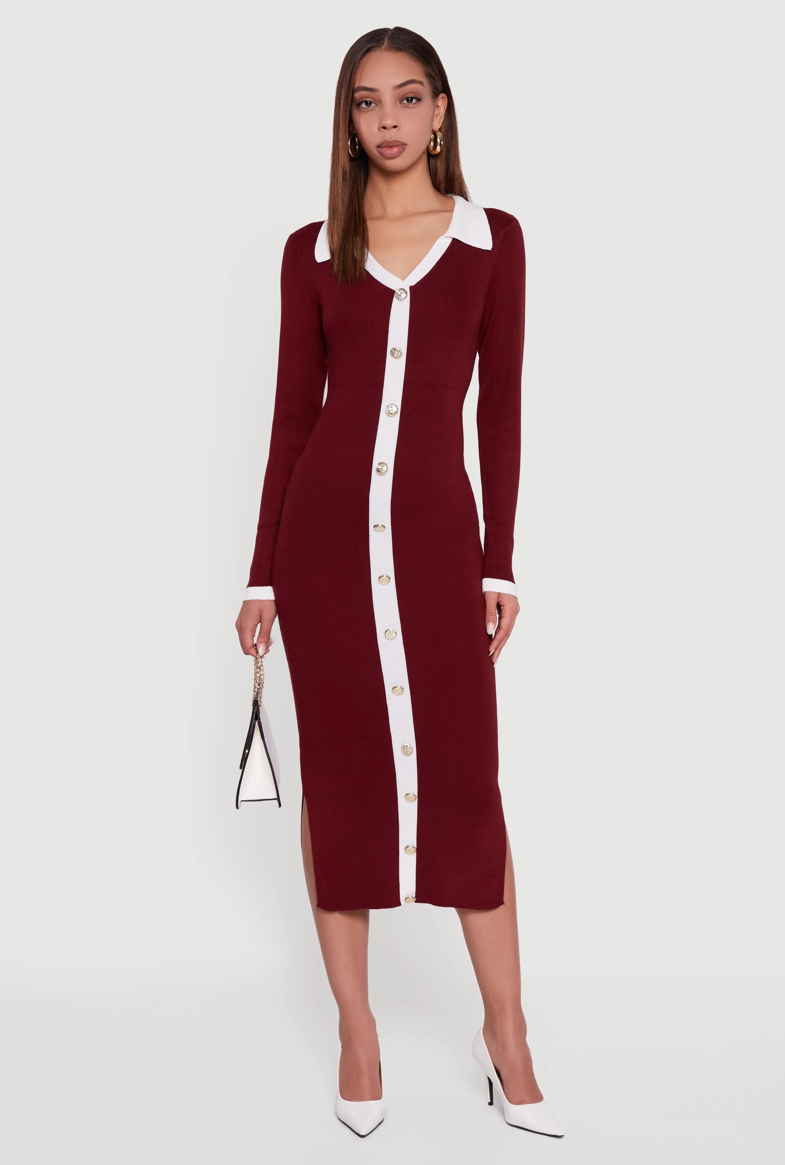 Contrast Trim Side Slit Long Sleeve Polo Sweater Dress sold by Rainbow product image thumbnail 2