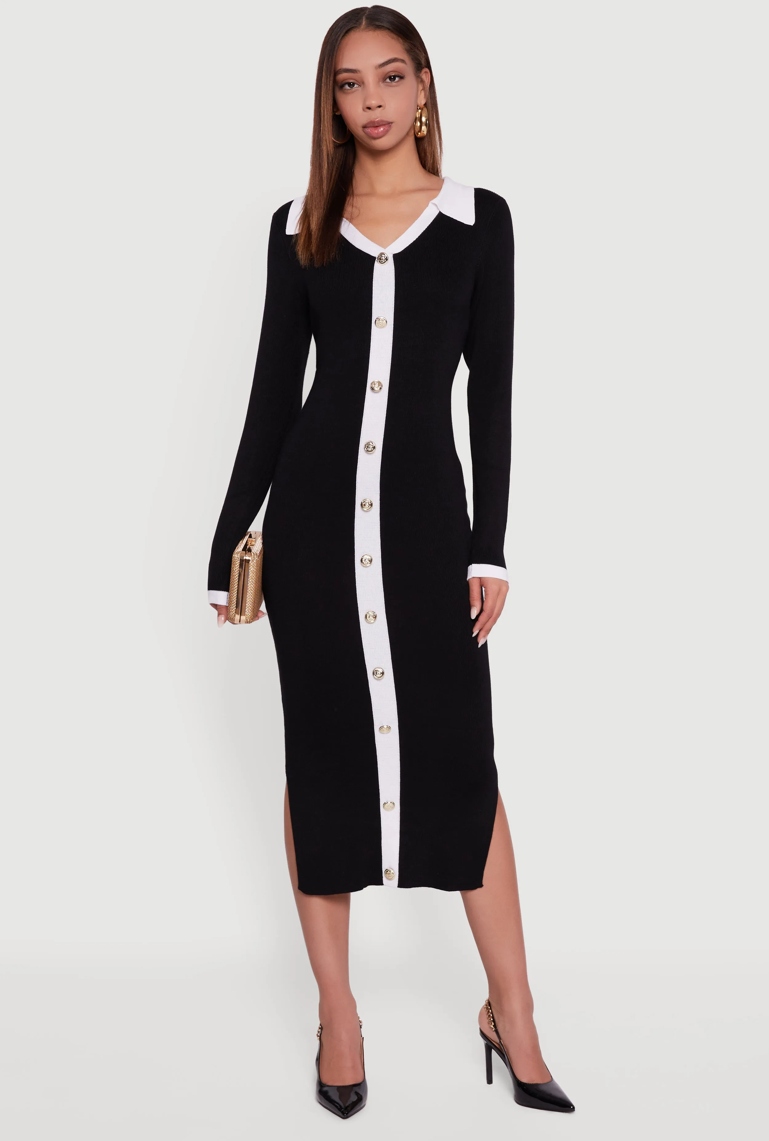 Contrast Trim Side Slit Long Sleeve Polo Sweater Dress sold by Rainbow