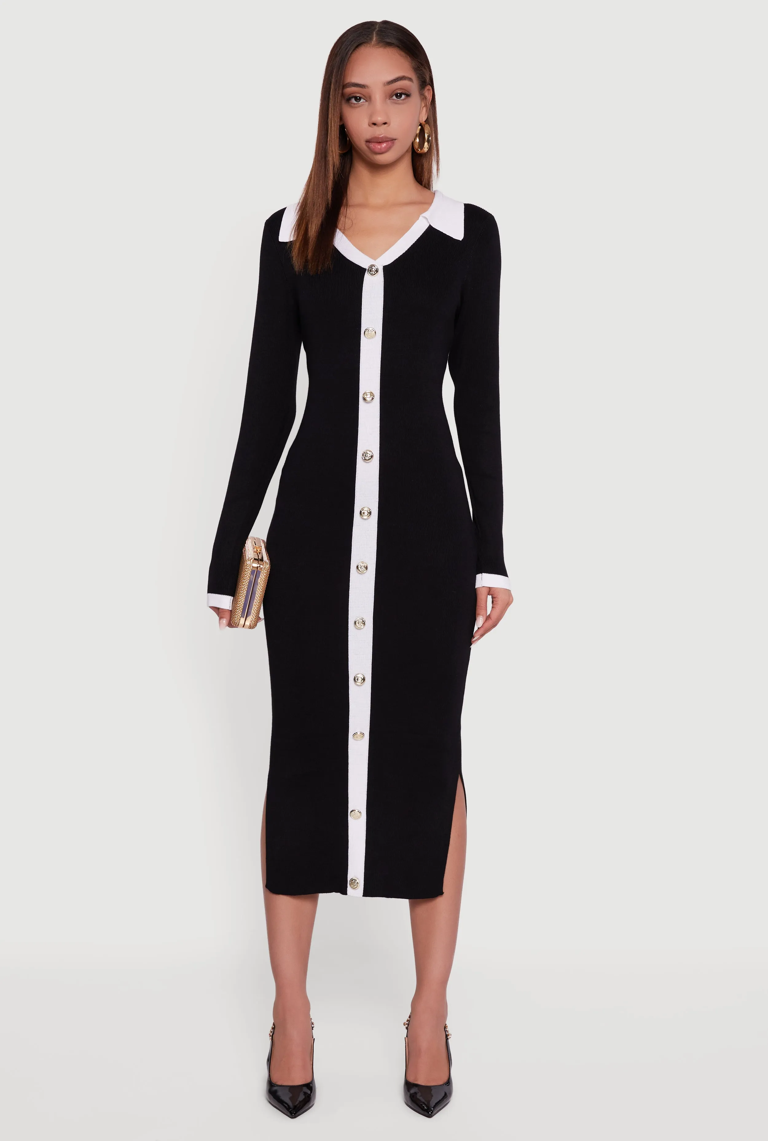 Contrast Trim Side Slit Long Sleeve Polo Sweater Dress sold by Rainbow product image thumbnail 2