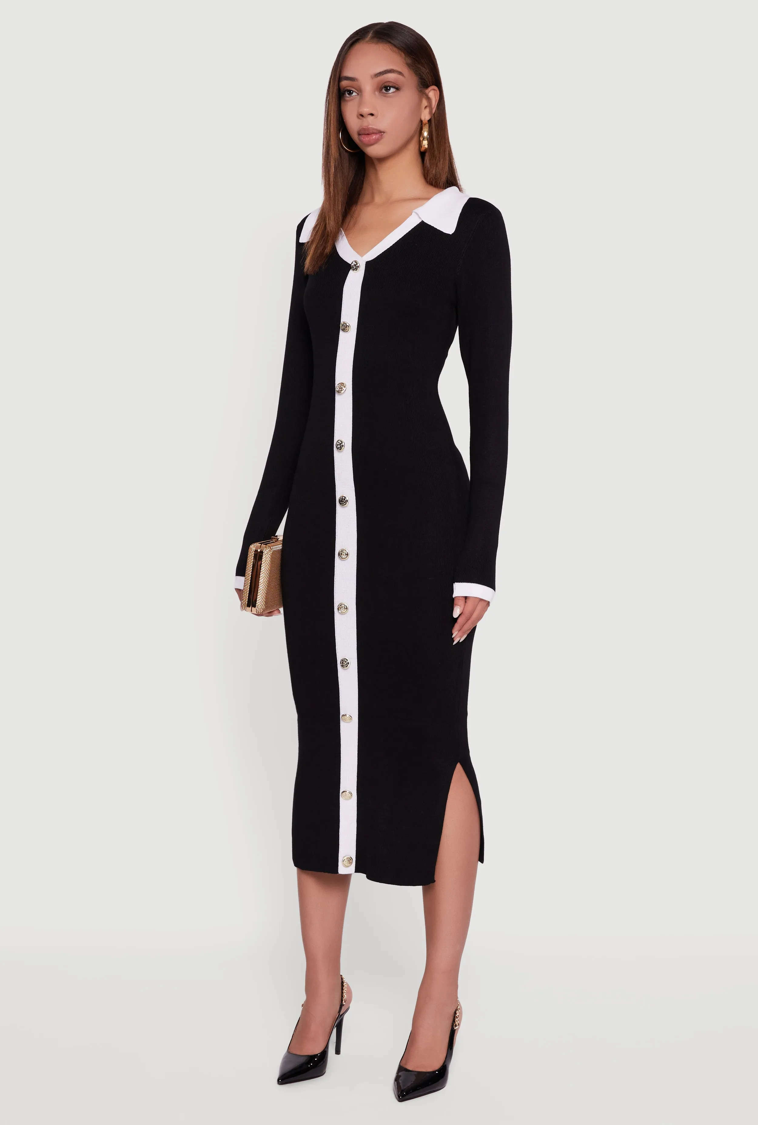 Contrast Trim Side Slit Long Sleeve Polo Sweater Dress sold by Rainbow product image thumbnail 3