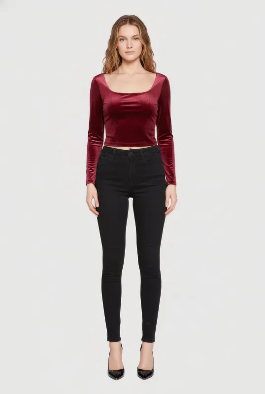 Velvet Long Sleeve Square Neck Crop Top sold by Rainbow