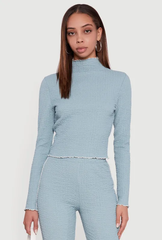 Textured Knit Contrast Trim Long Sleeve Mock Neck Top sold by Rainbow