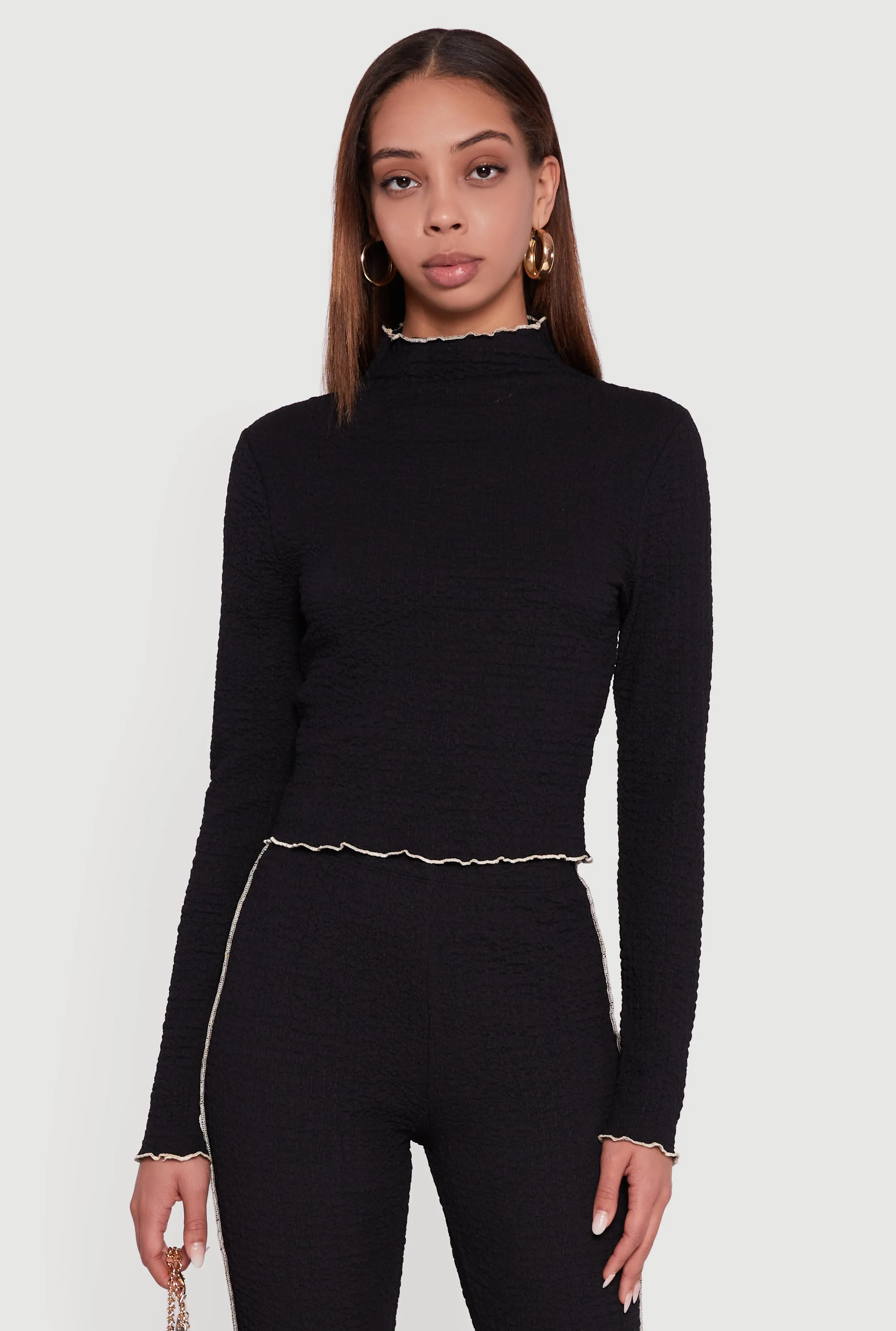 Textured Knit Contrast Trim Long Sleeve Mock Neck Top sold by Rainbow product image thumbnail 2