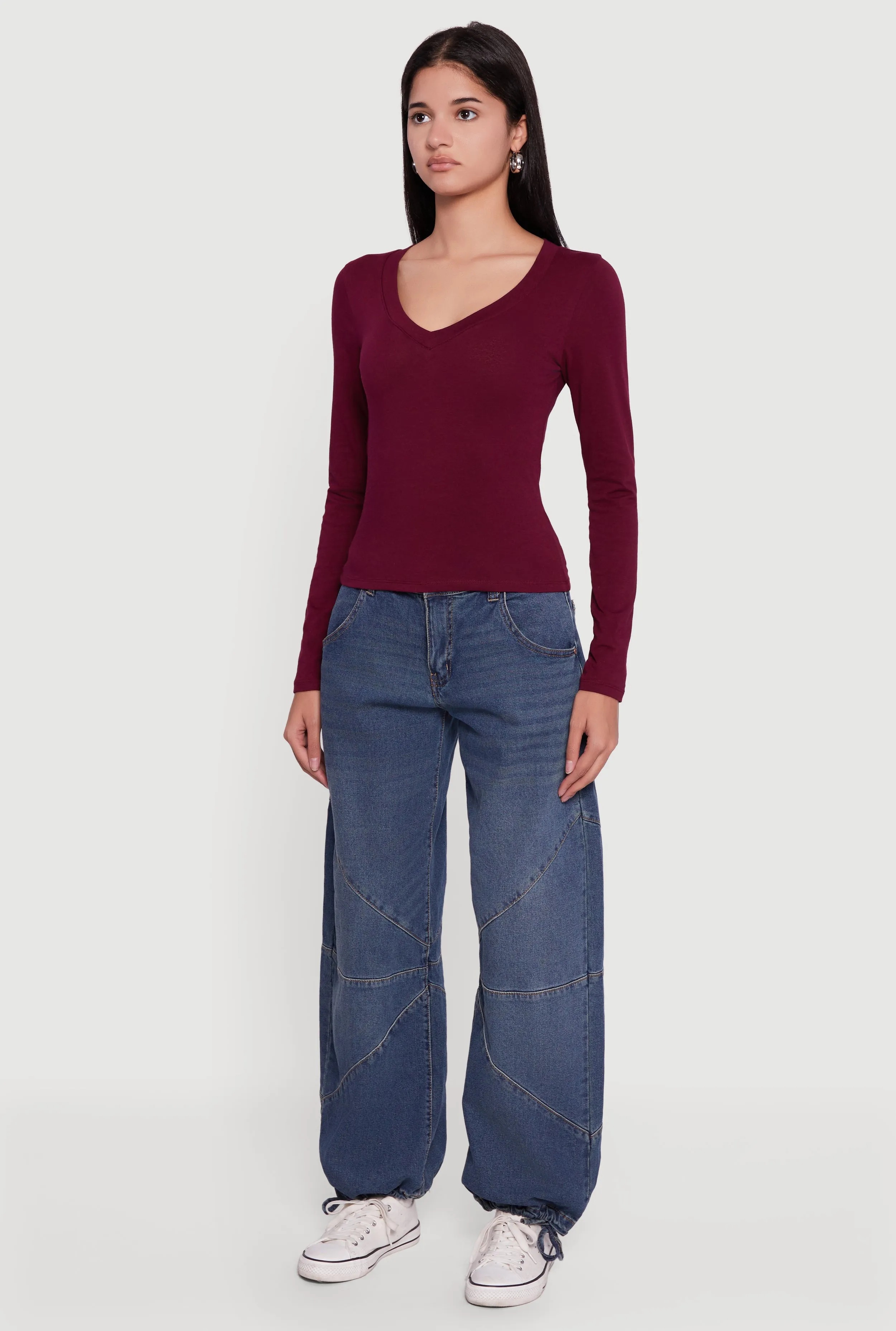 Long Sleeve V Neck Casual Tee sold by Rainbow product image thumbnail 5