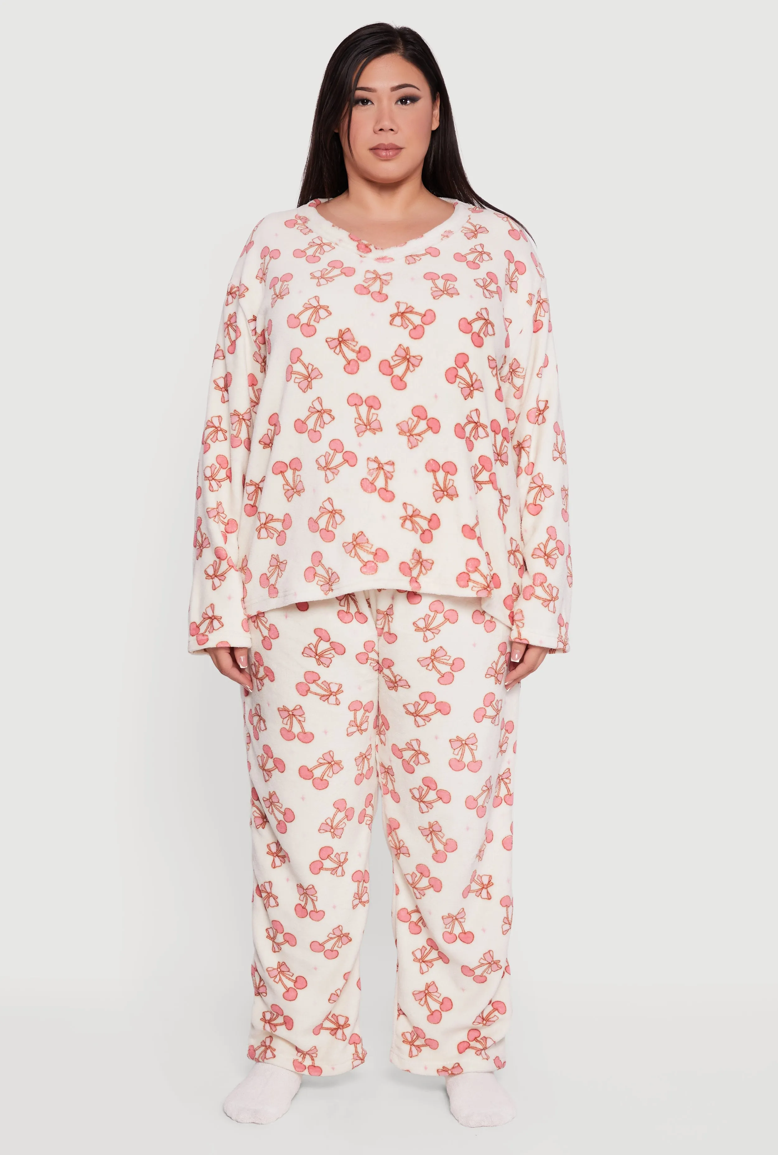 Plus Size Cherry Bow Print Plush Pajama 3 Piece Gift Set sold by Rainbow product image thumbnail 3