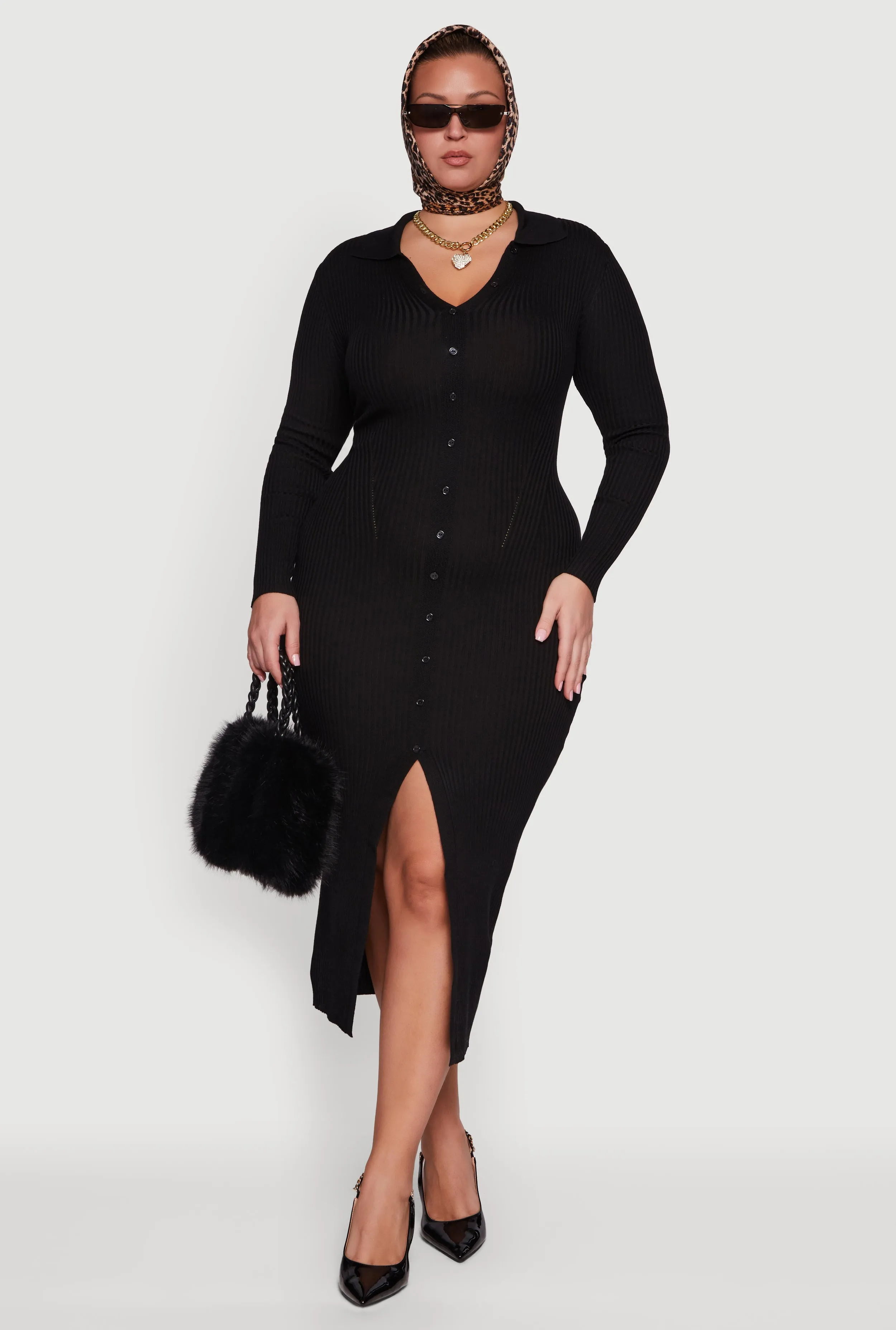 Plus Size Almost Famous Rib Knit Slit Front Sweater Dress sold by Rainbow product image thumbnail 2