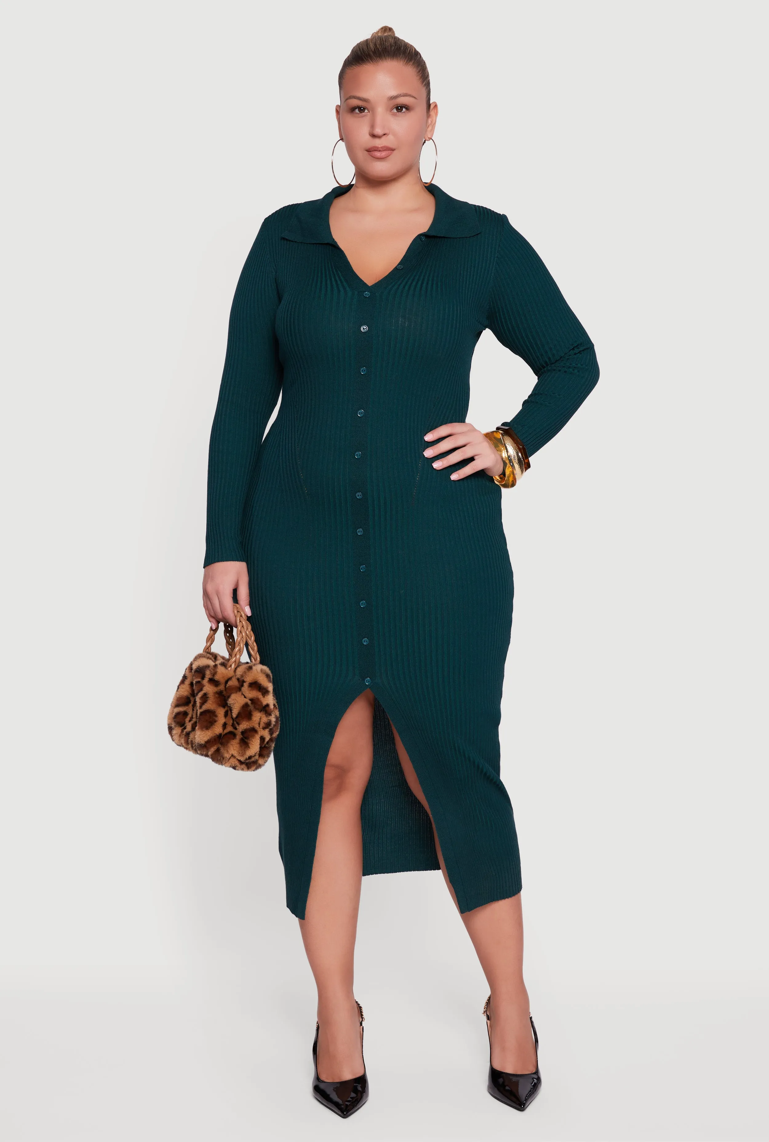 Plus Size Almost Famous Rib Knit Slit Front Sweater Dress sold by Rainbow product image thumbnail 3
