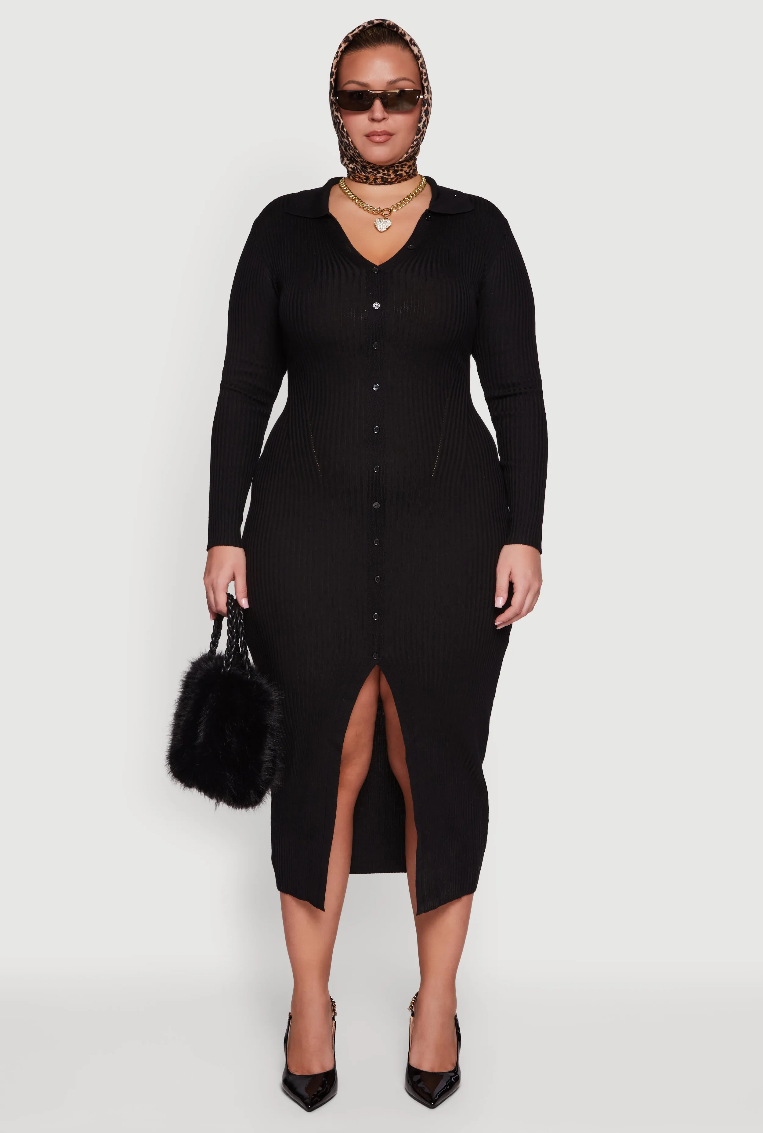 Plus Size Almost Famous Rib Knit Slit Front Sweater Dress sold by Rainbow product image thumbnail 2