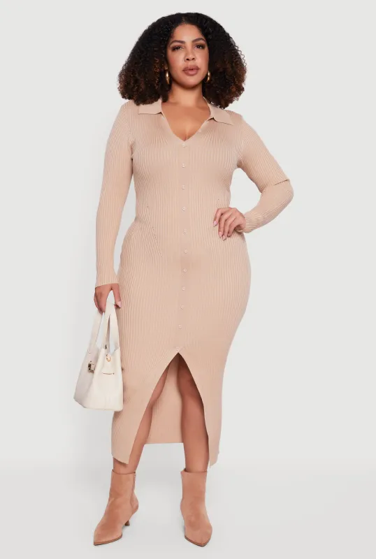 Plus Size Almost Famous Rib Knit Slit Front Sweater Dress sold by Rainbow