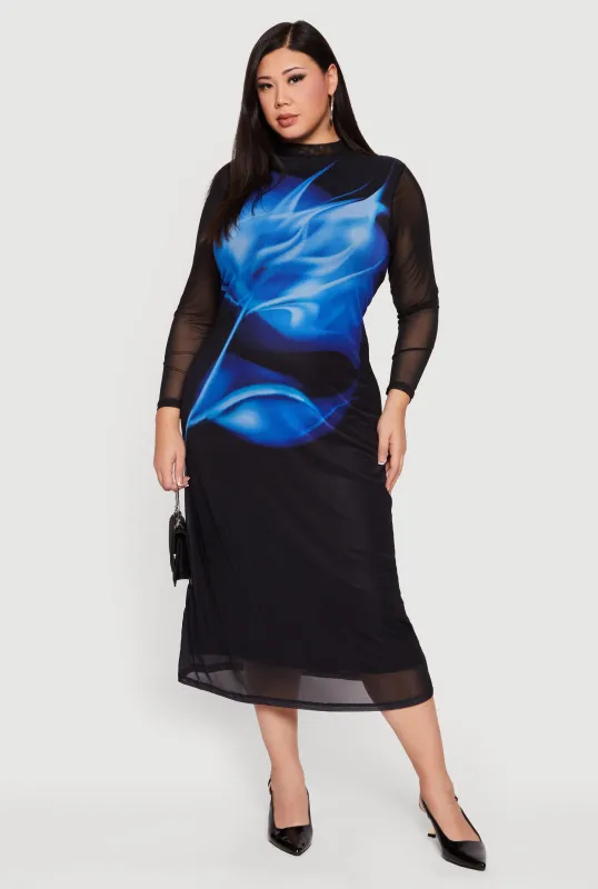 Plus Size Almost Famous Mock Neck Floral Mesh Overlay Dress sold by Rainbow