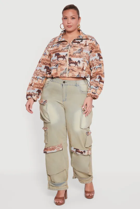 Plus Size Tapestry Jacquard Trim Cargo Pocket Jeans sold by Rainbow