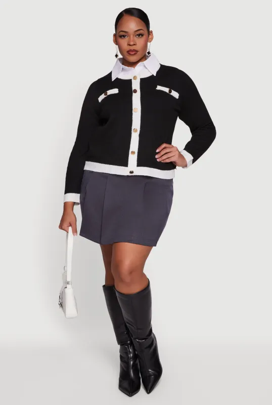 Plus Size Contrast Trim Shirt Collar Sweater sold by Rainbow