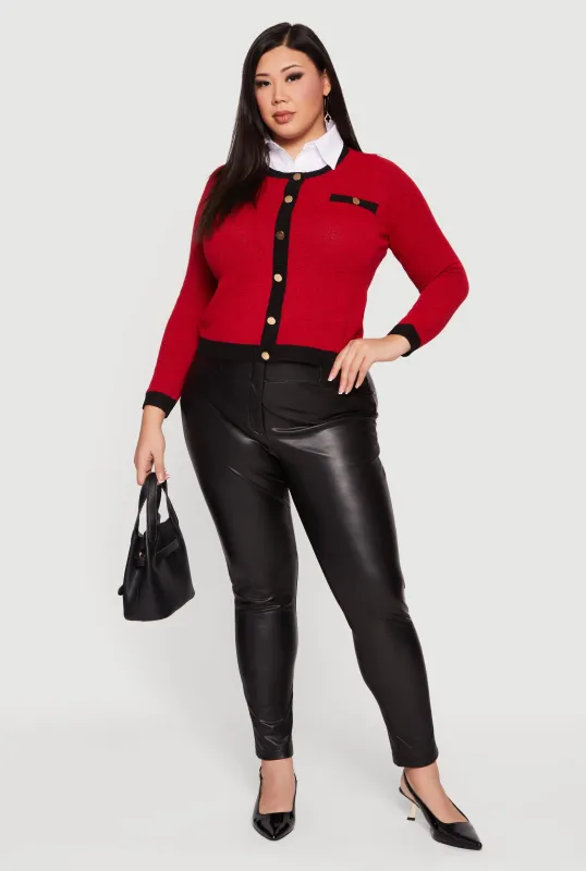 Plus Size Contrast Trim Shirt Collar Sweater sold by Rainbow
