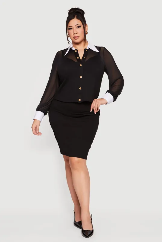 Plus Size Mesh Long Sleeve Corset Top with Snap Buttons sold by Rainbow