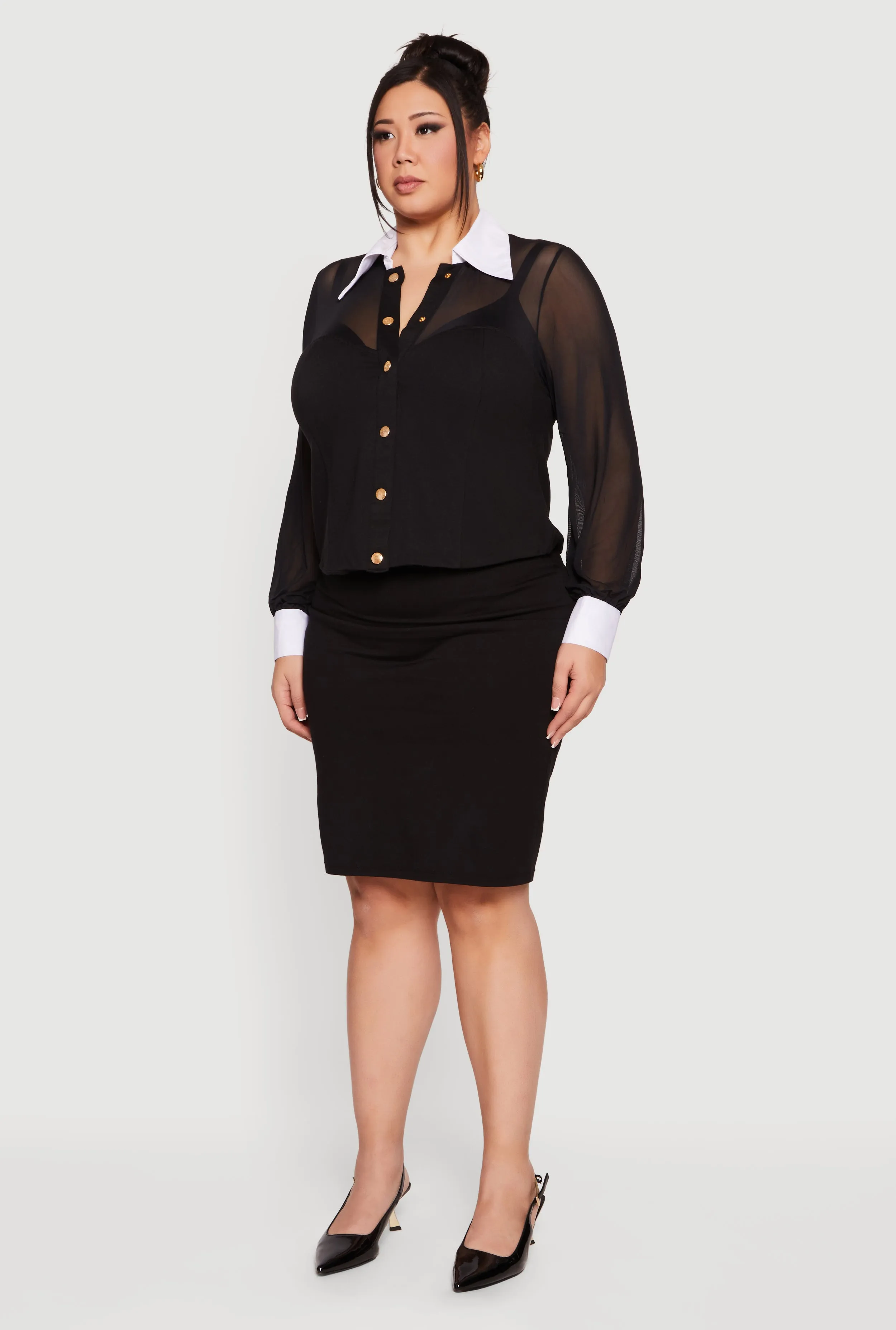 Plus Size Mesh Long Sleeve Corset Top with Snap Buttons sold by Rainbow product image thumbnail 5