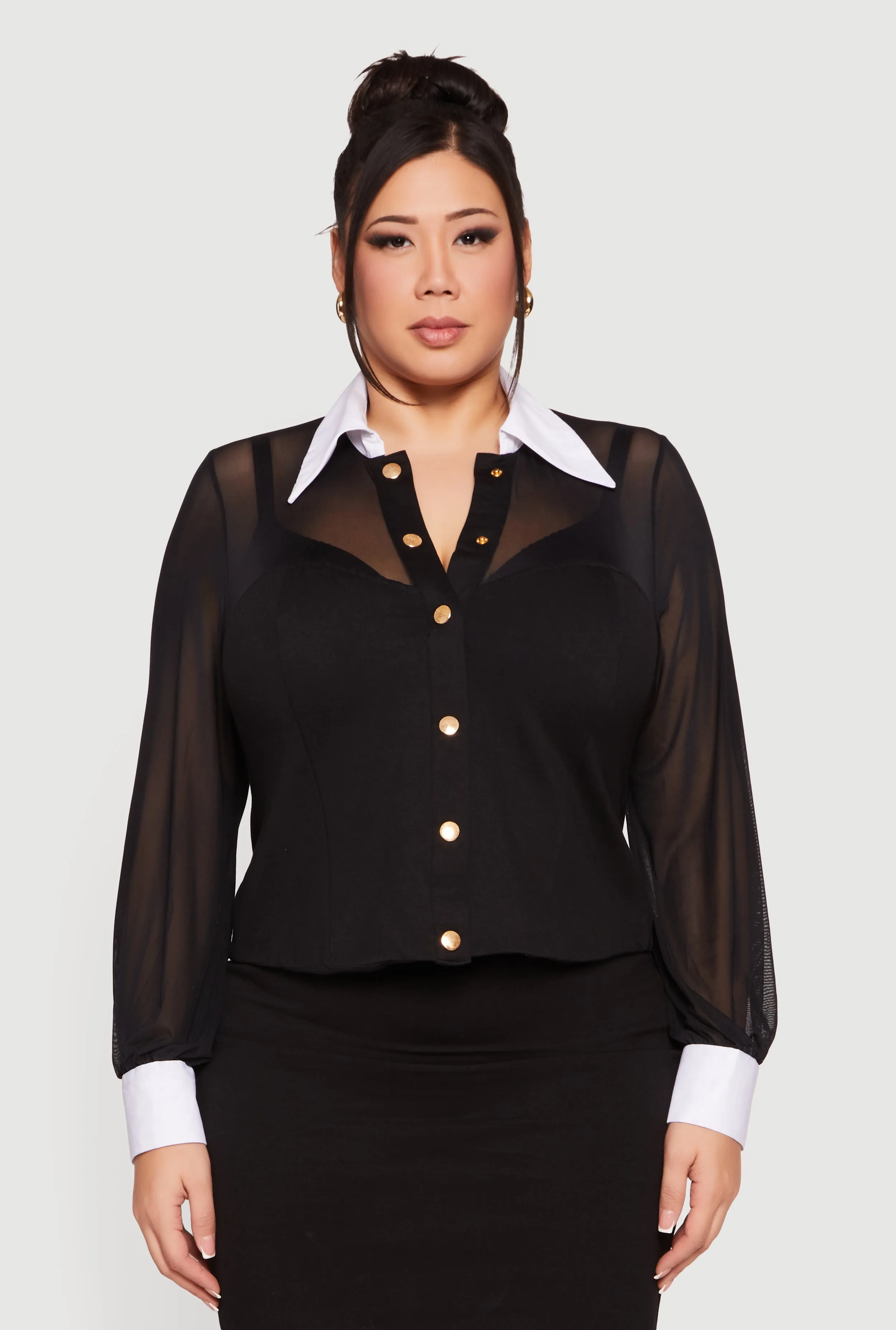 Plus Size Mesh Long Sleeve Corset Top with Snap Buttons sold by Rainbow product image thumbnail 2