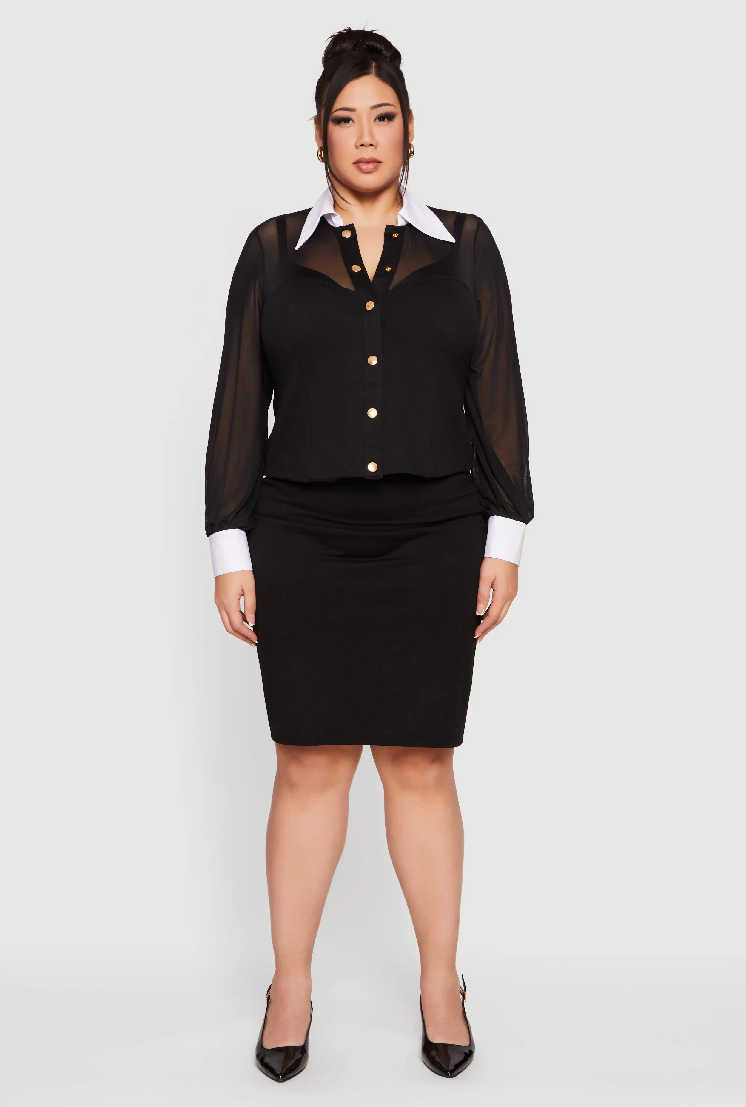 Plus Size Mesh Long Sleeve Corset Top with Snap Buttons sold by Rainbow product image thumbnail 3