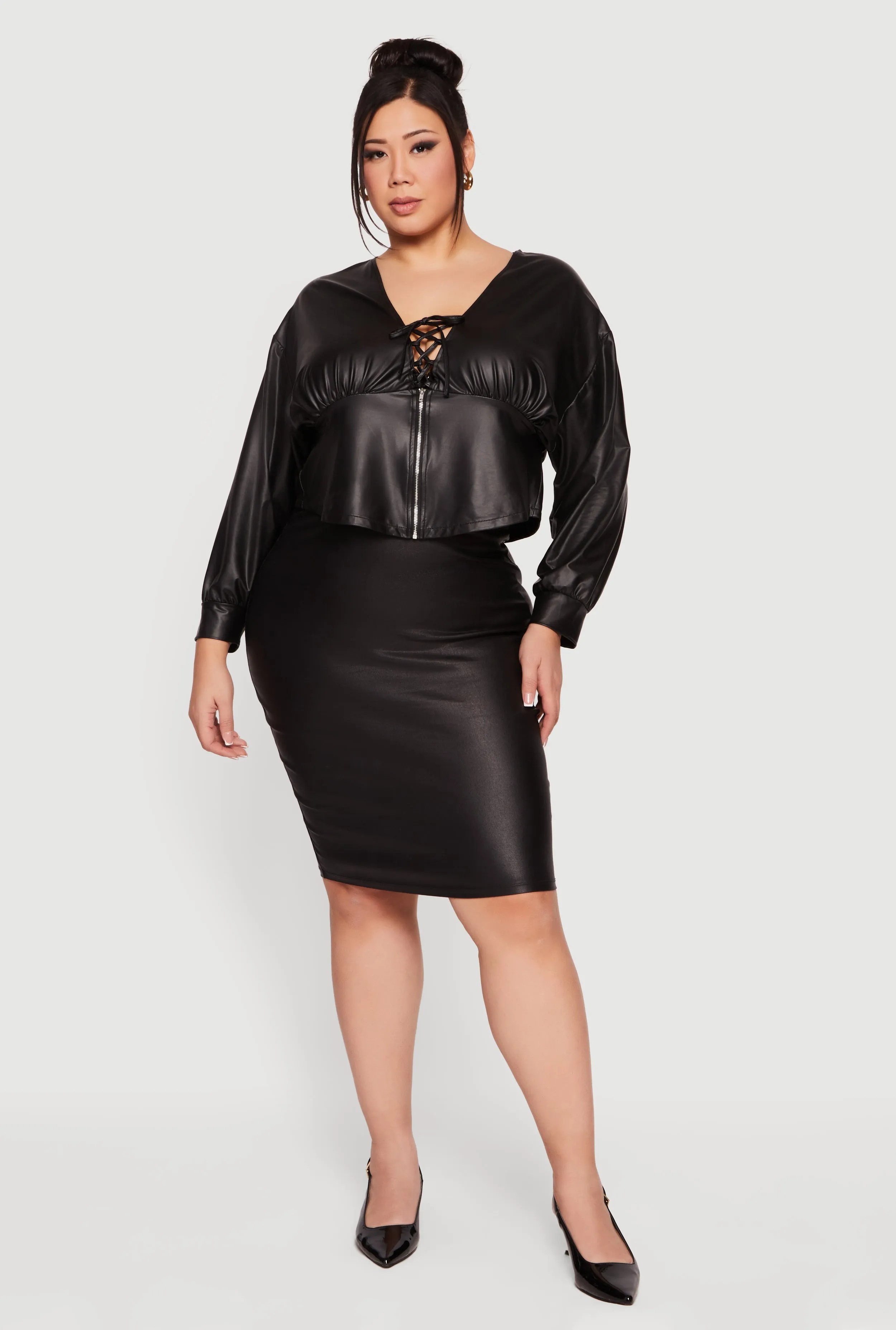 Plus Size Leather Look Lace Up Zip Front Crop Top sold by Rainbow product image thumbnail 2