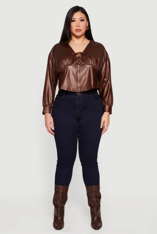 Plus Size Leather Look Lace Up Zip Front Crop Top sold by Rainbow