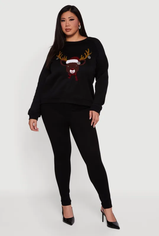 Plus Size Sequin Reindeer Chenille Patch Graphic Sweatshirt made by Rainbow