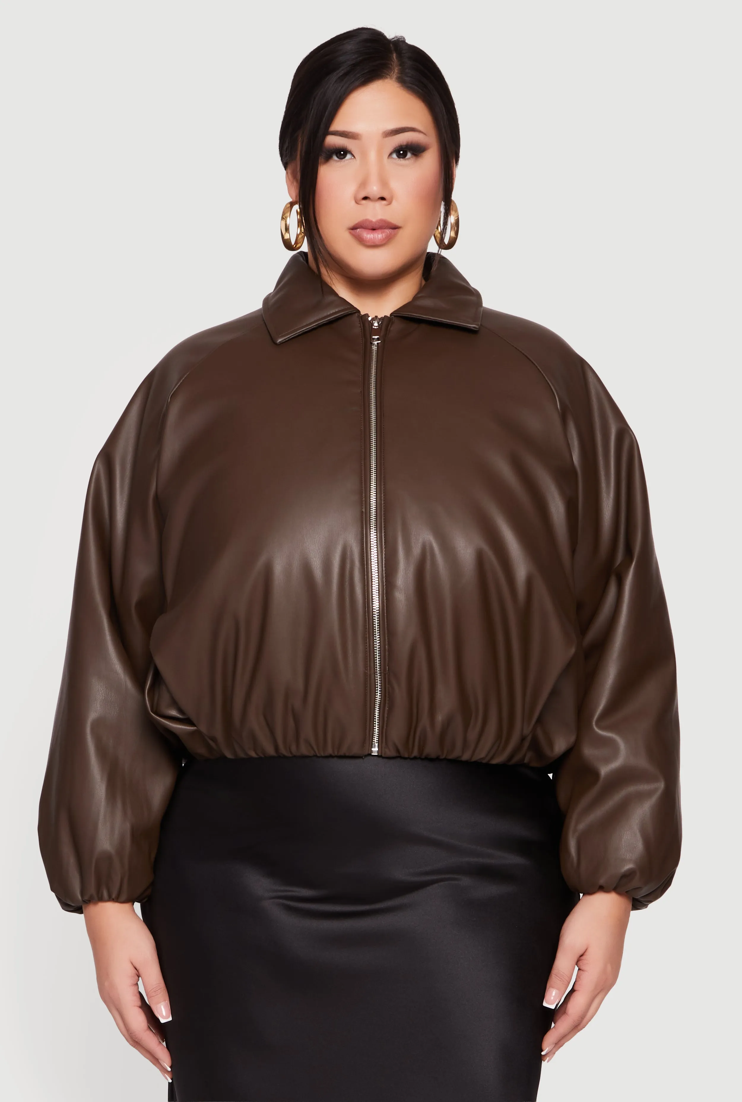 Plus Size Faux Leather Zip Front Bubble Hem Jacket sold by Rainbow product image thumbnail 2