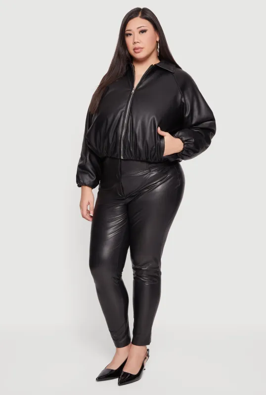 Plus Size Faux Leather Zip Front Bubble Hem Jacket sold by Rainbow