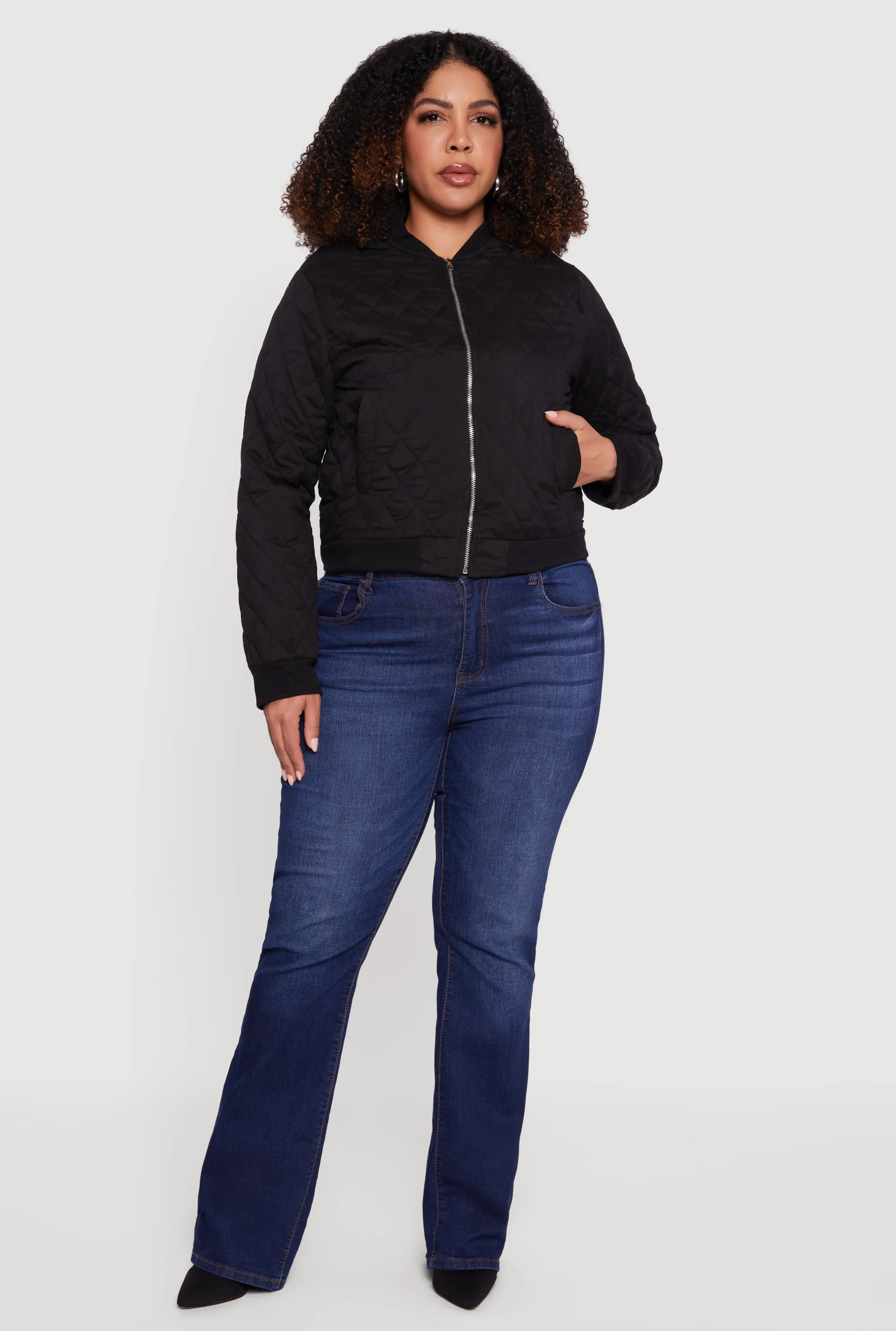 Plus Size Zip Front Quilted Bomber Jacket sold by Rainbow