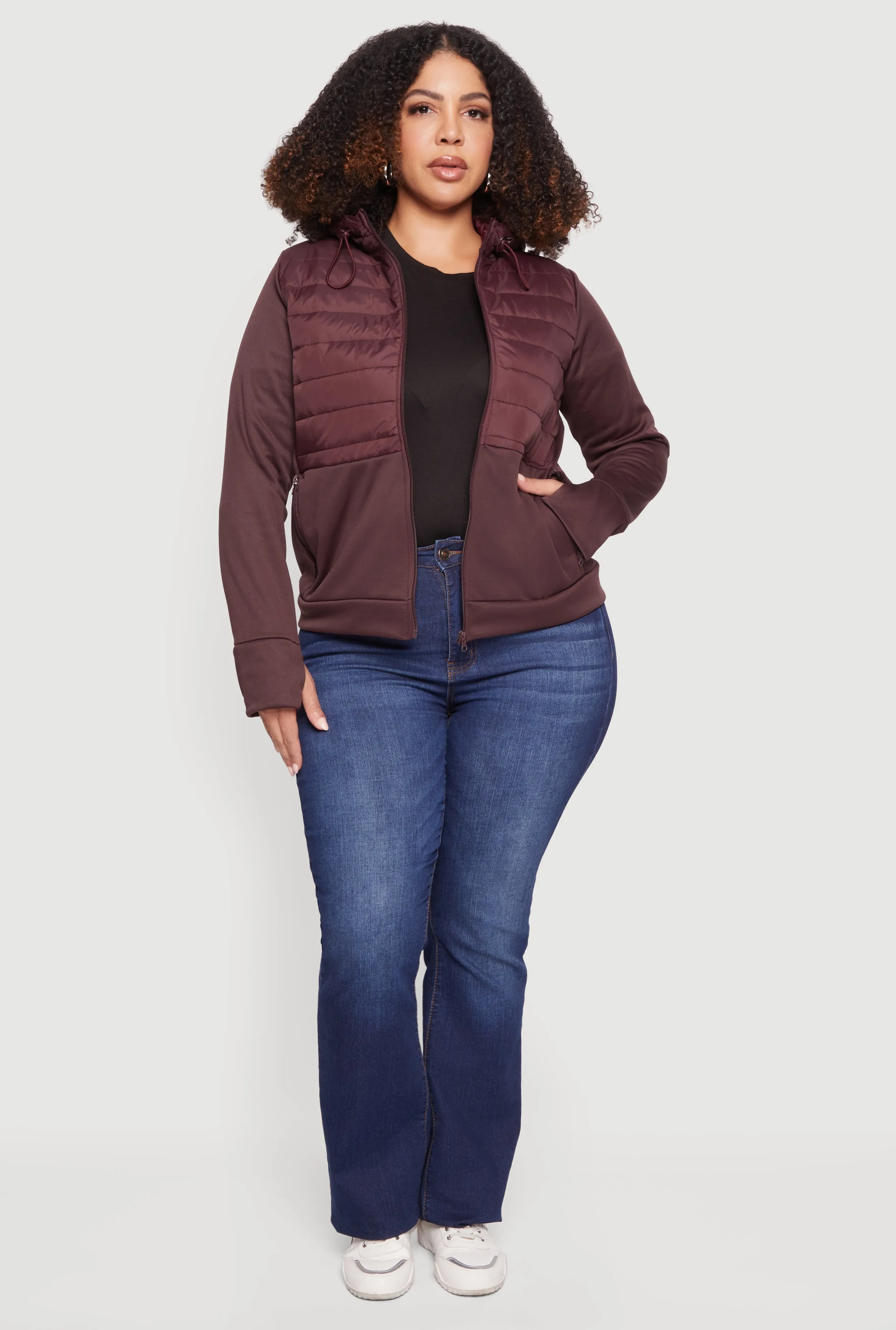 Plus Size Quilted Detail Zip Front Hooded Jacket with Thumb Holes sold by Rainbow product image thumbnail 3
