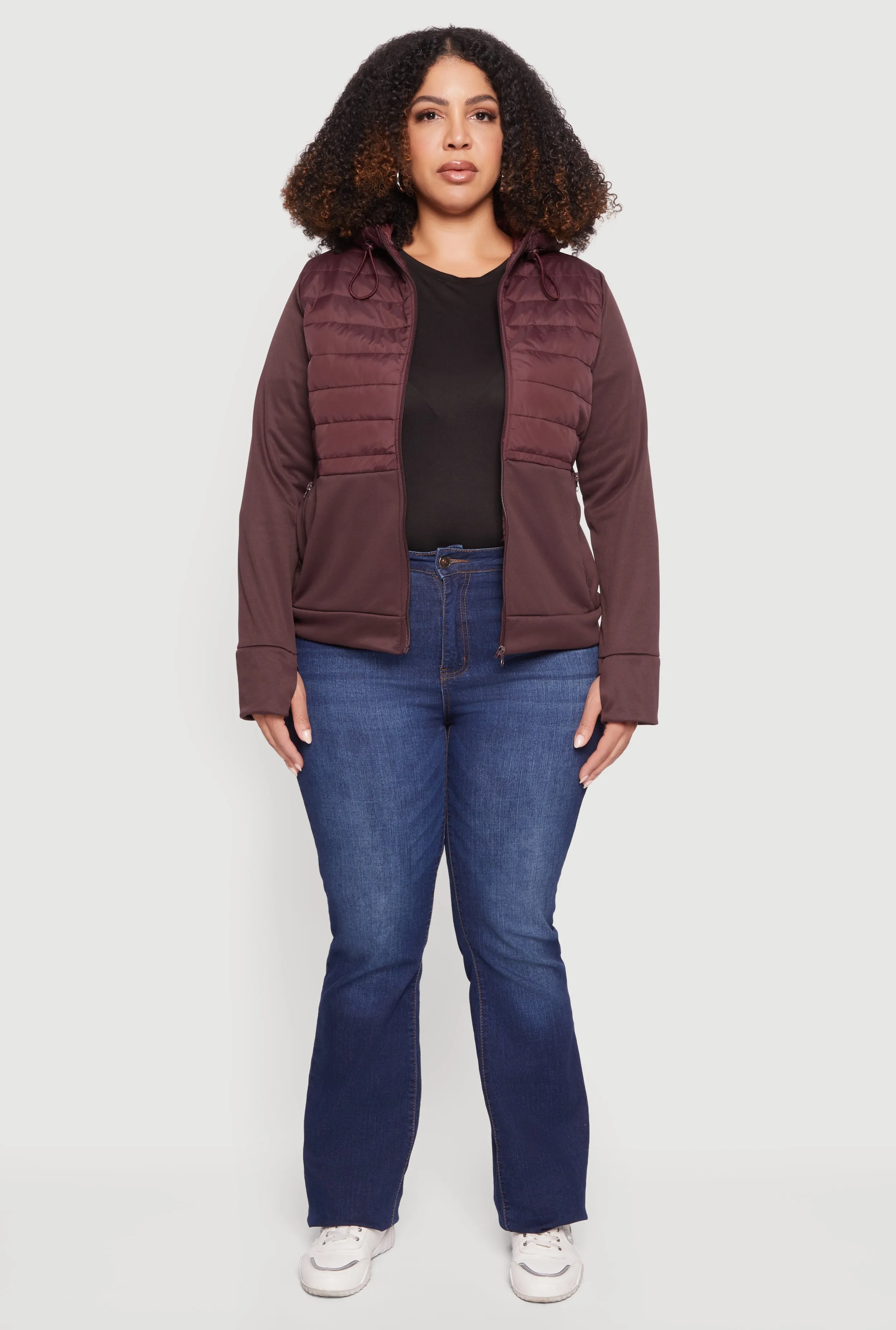 Plus Size Quilted Detail Zip Front Hooded Jacket with Thumb Holes sold by Rainbow