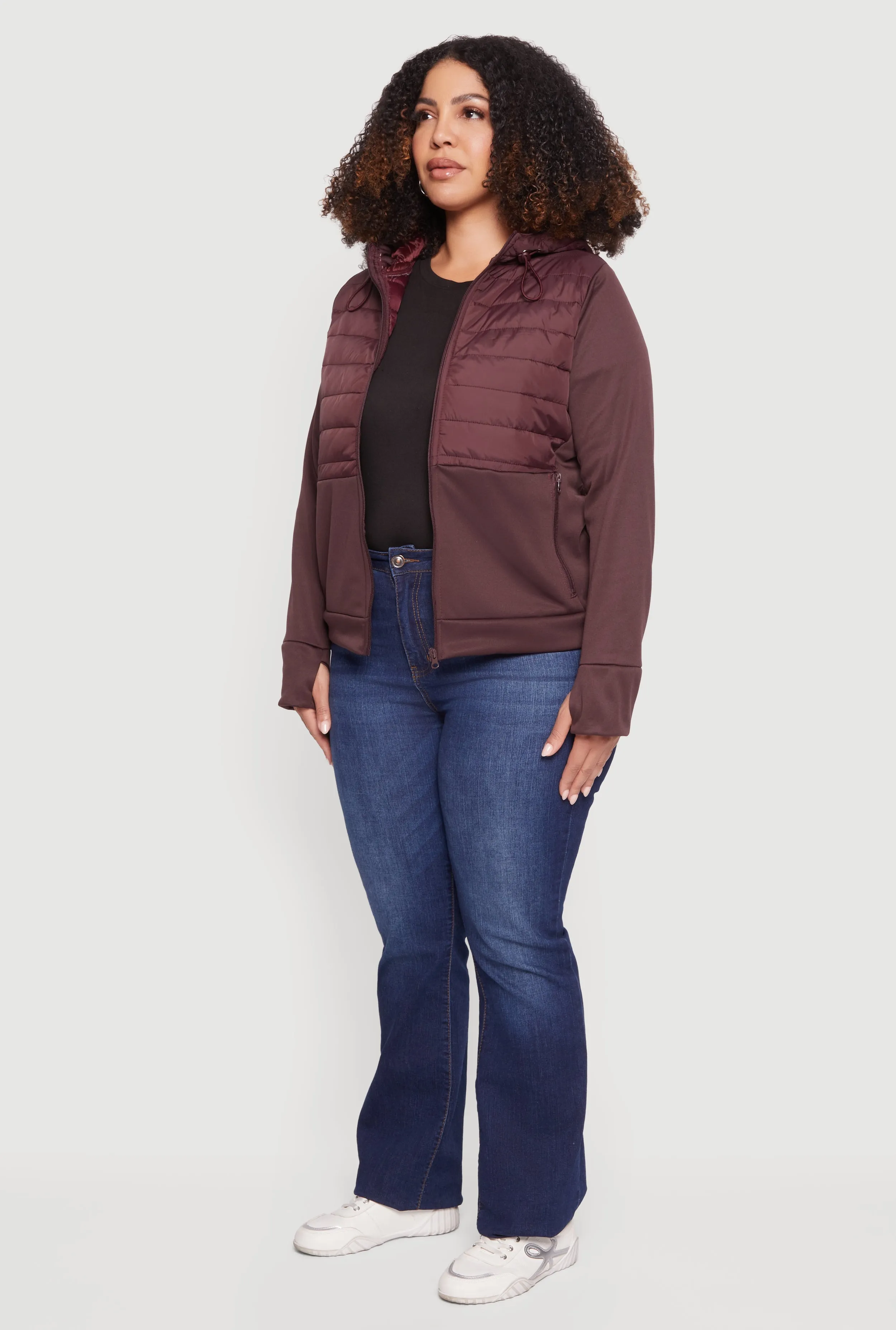 Plus Size Quilted Detail Zip Front Hooded Jacket with Thumb Holes sold by Rainbow product image thumbnail 5