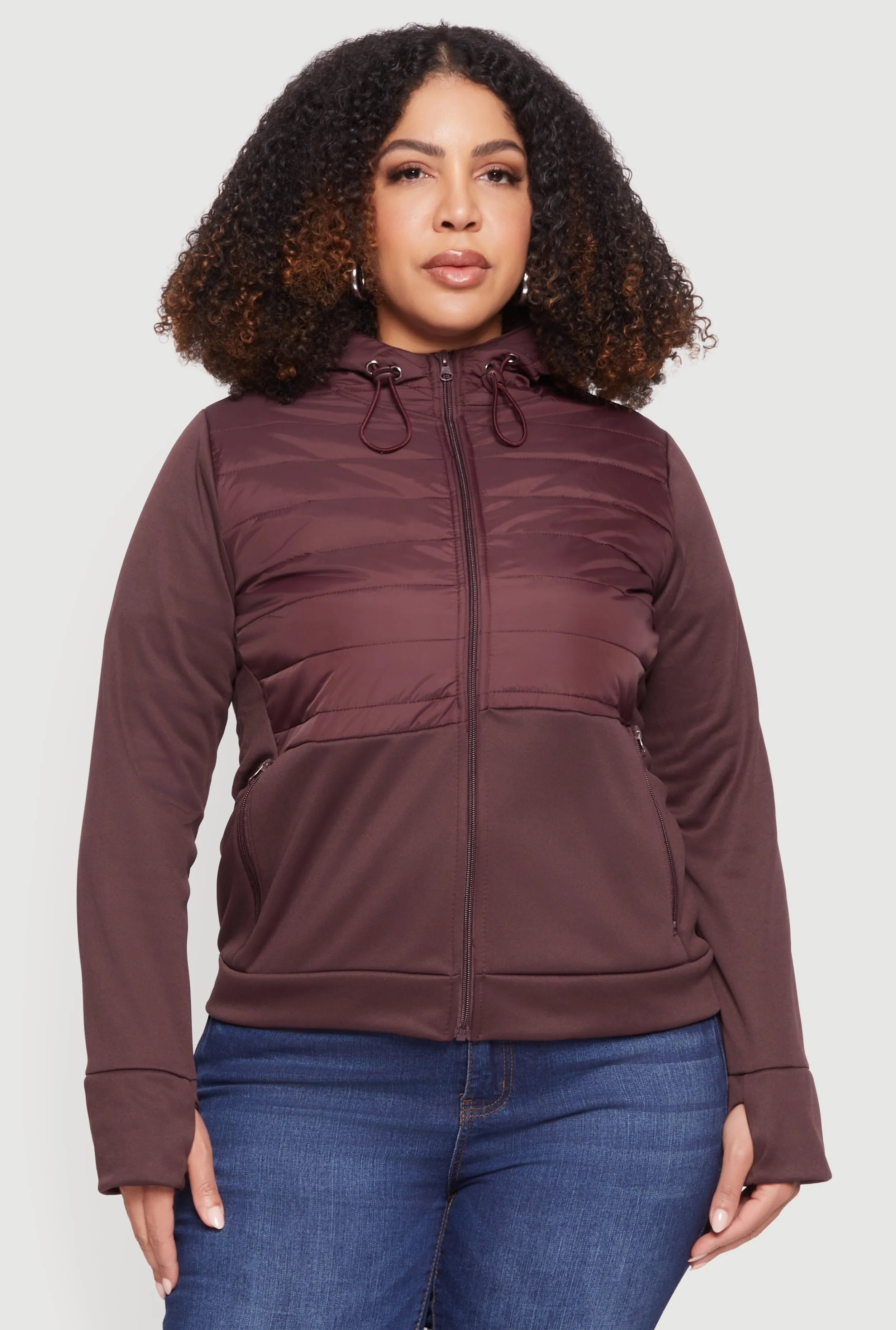 Plus Size Quilted Detail Zip Front Hooded Jacket with Thumb Holes sold by Rainbow product image thumbnail 2