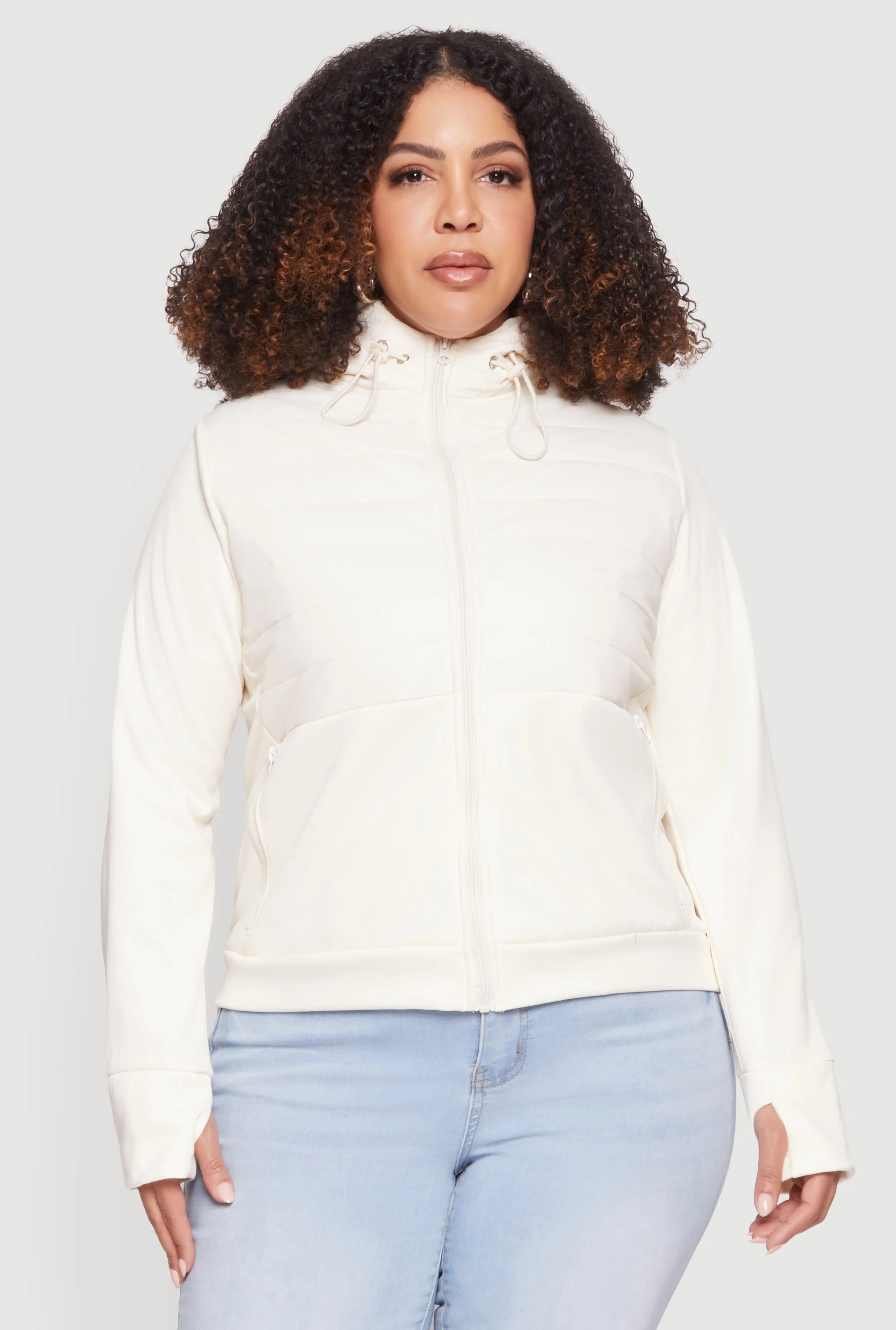 Plus Size Quilted Detail Zip Front Hooded Jacket with Thumb Holes sold by Rainbow product image thumbnail 2