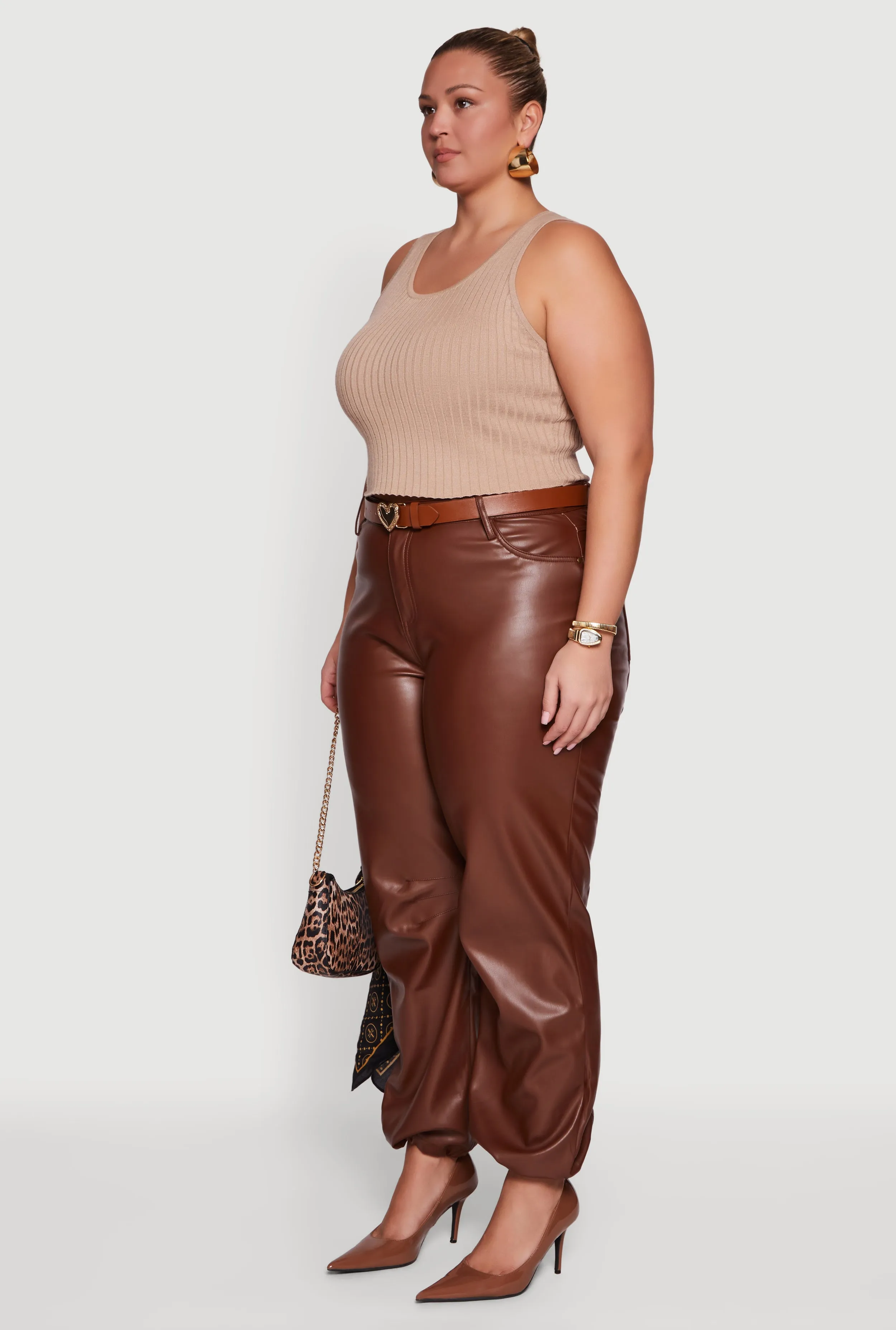 Plus Size Fleece Lined High Waisted Faux Leather Joggers sold by Rainbow product image thumbnail 3