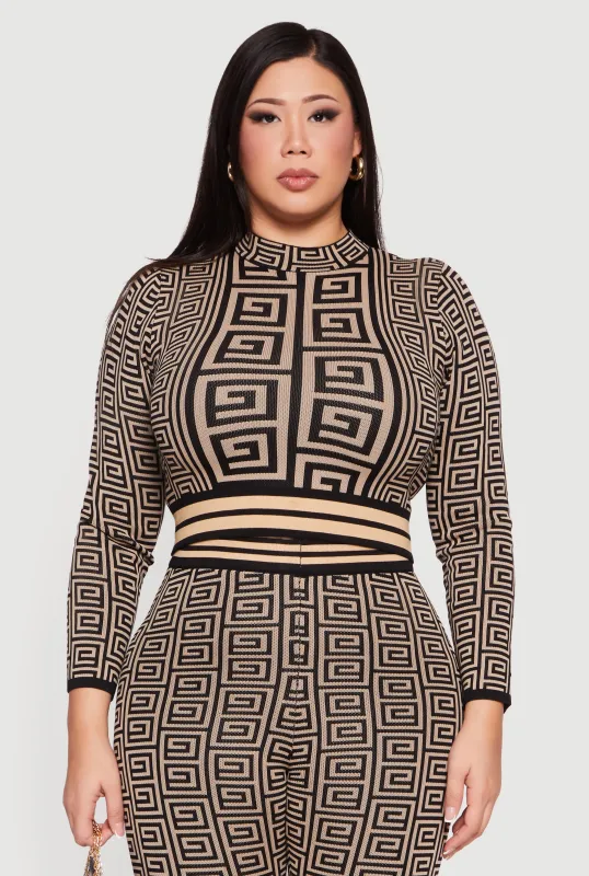 Plus Size Long Sleeve Geometric Print Cropped Sweater sold by Rainbow